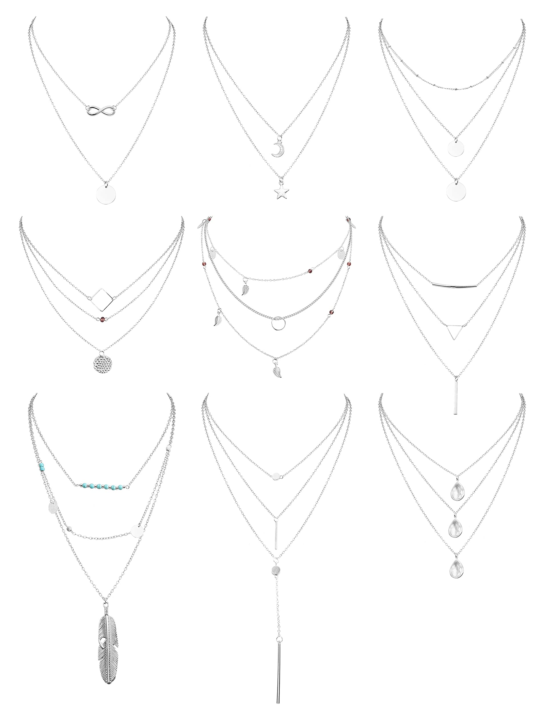 Kakonia9 Pcs Layered Choker Necklaces Set for Women Multiple Multilayer Chain Y Necklaces Charm Tiered Long Choker Necklaces Adjustable Silver Gold Tone