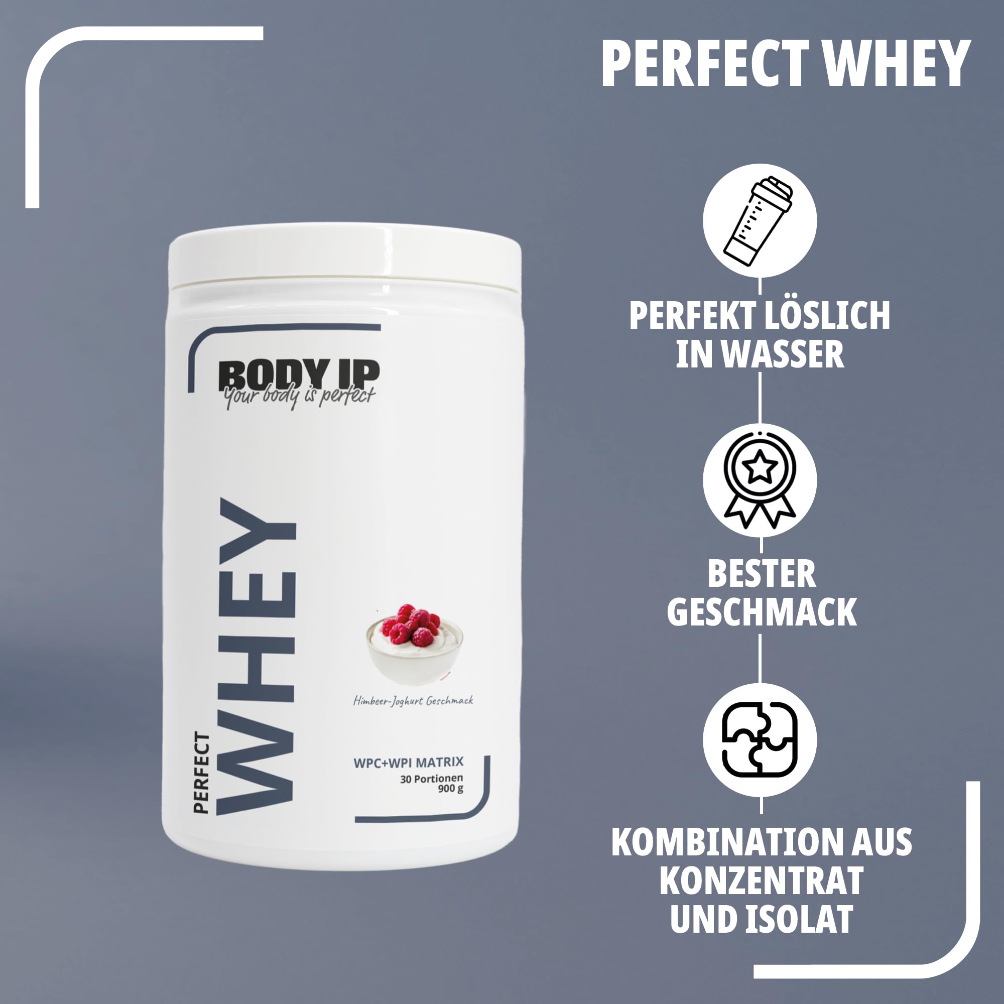 BODY IP Perfect Whey Protein Pulver | Himbeer-Joghurt | Eiweißpulver für Protein Shake & Muskelaufbau | hoher BCAA Anteil | 30 Portionen | Whey Isolat & Konzentrat | hoher Eiweißgehalt | 900g