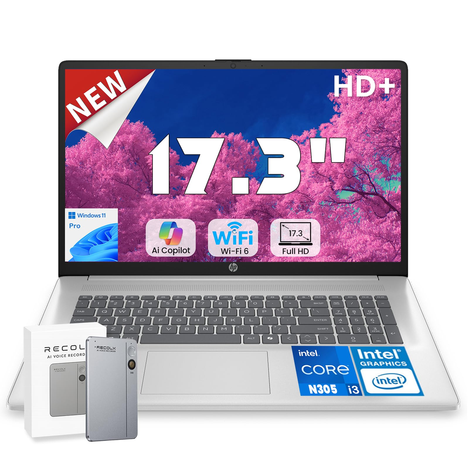 2026 High-Performance 17.3-inch Laptop - 17.3" HD+ Display, 8-Cores Intel i3-N305, 16 GB RAM, 512 GB PCIe SSD, Webcam, HDMI, Numeric Keypad, Wi-Fi 6, Windows 11 Pro, Silver