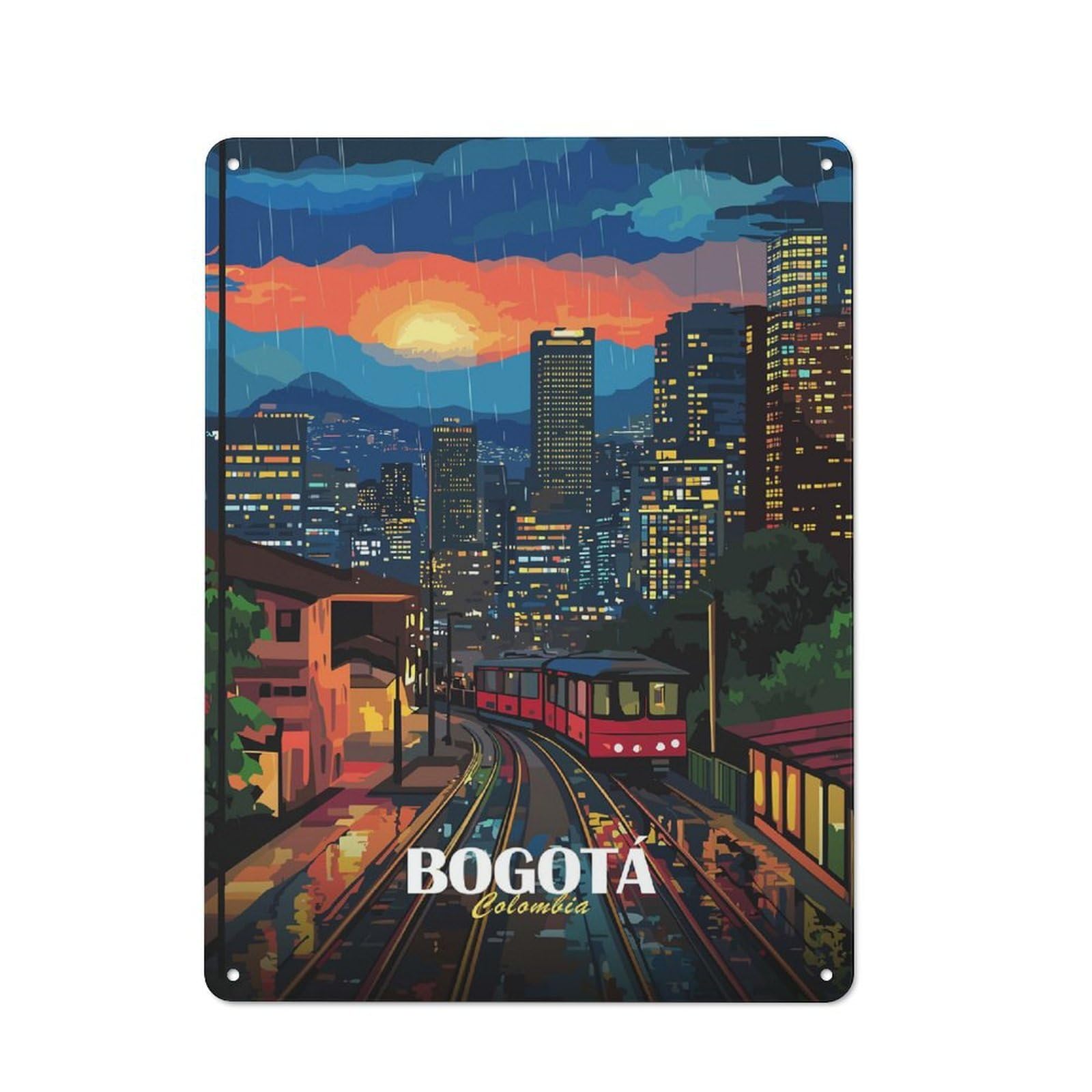 Junmoney Style-10 Old Style Bogota Colombia Cityscape Rainy Night Decorative Tin Plaque 40X30cm, Bar Wall Plaque For Bar, Kitchen, Garage Or Games Room