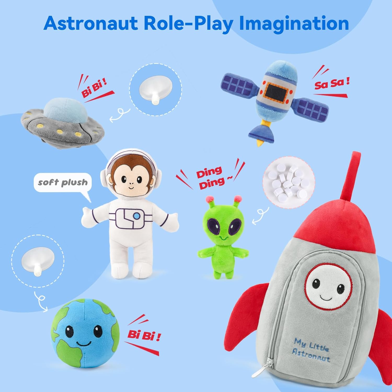 Stuffed Plush Astronaut Kit for Baby Toddler, 6-Pcs My Little Astronaut Playset, Sensory Pretend Play Toy with Rocket Bag/Monkey AST ronaut/Alien, Boy Girl Infant Newborn Gifts