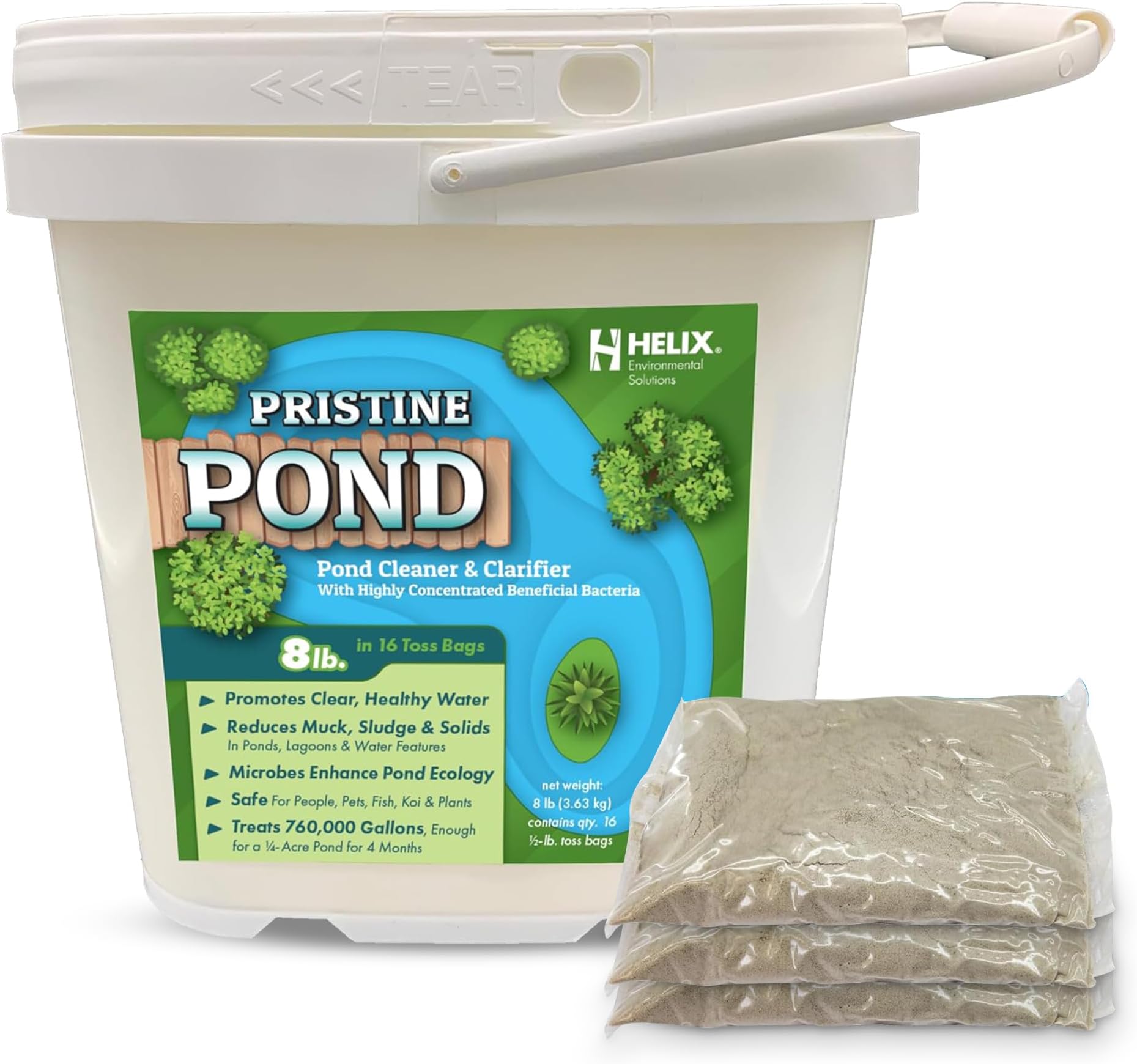 Pond Cleaner & Clarifier Water Treatment Removes Muck & Sludge w/Natural Pond Bacteria for Clear Water in Outdoor Ponds, Safe for Live Koi Fish & Plants - 8lbs, Treats 1/4 Acre Pond for 4 Months