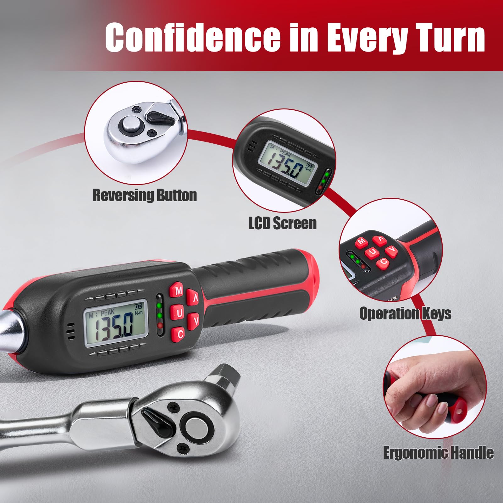 Llave dinamométrica digital ajustable de 6.8-135 N.m, llave dinamométrica electrónica intercambiable con extremo abierto de 42 mm y trinquete de 1/2 pulgada, precisión del 2%, alerta de