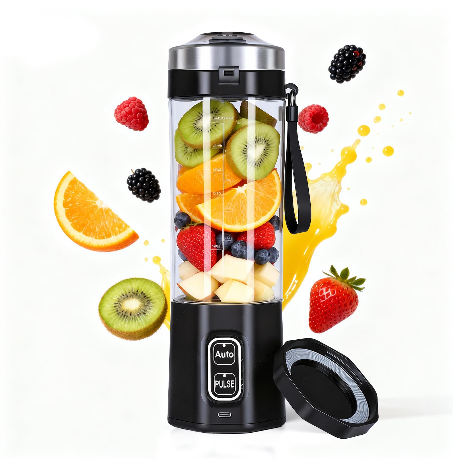 FRZA Batidora PRO Portátil Recargable USB, Batidora de Vaso Personal para Smoothies y Zumos, con Función Auto y Pulse, Color Negro