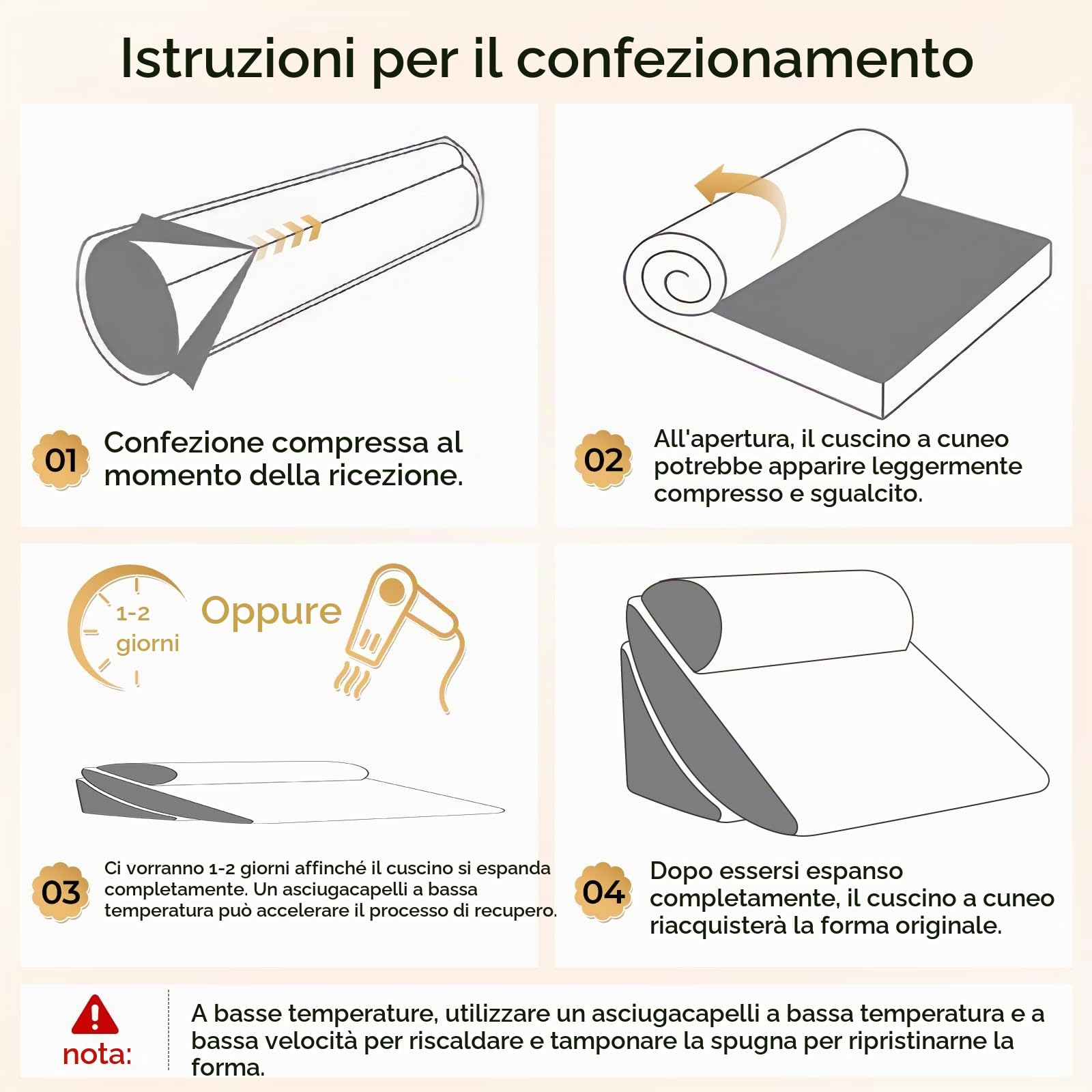 Set di 4 cuscini a cuneo ortopedici regolabili in memory foam, cuscini triangolari pieghevoli con rivestimento rimovibile e lavabile, cuscino per la schiena, cuscino da lettura per letto e divano, per