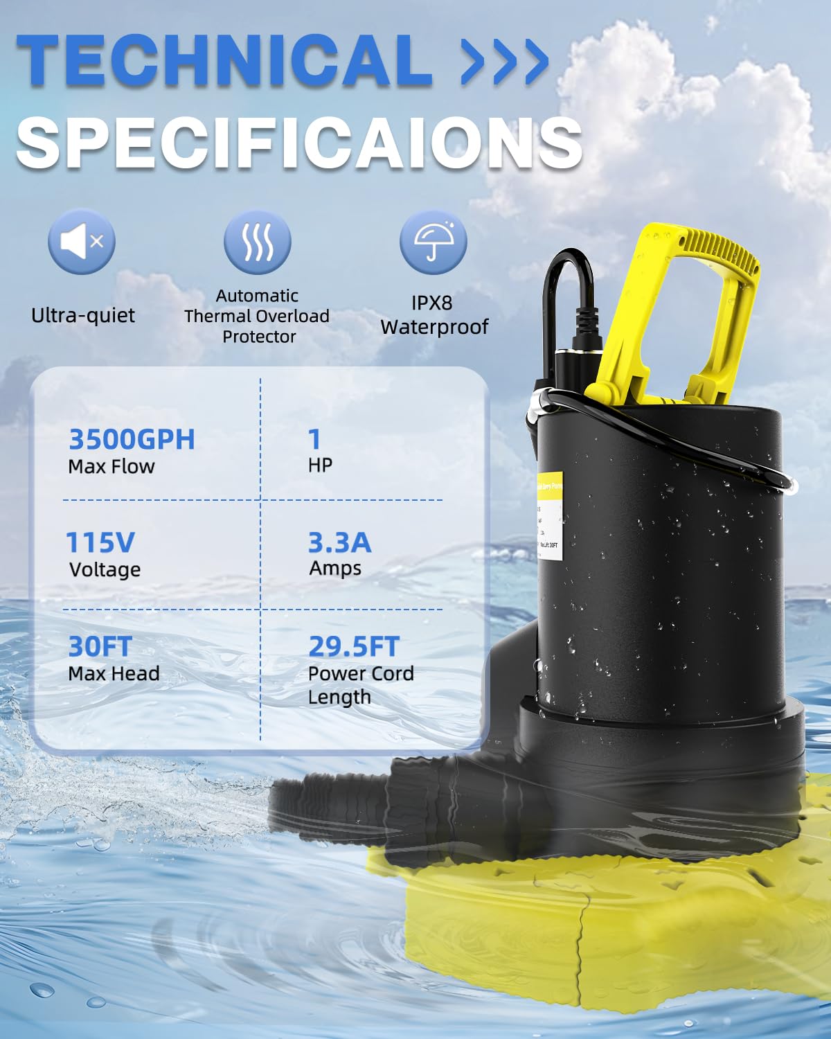 Bomba automática de cubierta de piscina – 1 CV 5000 GPH bomba de agua sumergible con válvula antirretorno y 3 adaptadores, cable de 7,6 m para bombas sobre el suelo, sistema de encendido/apagado