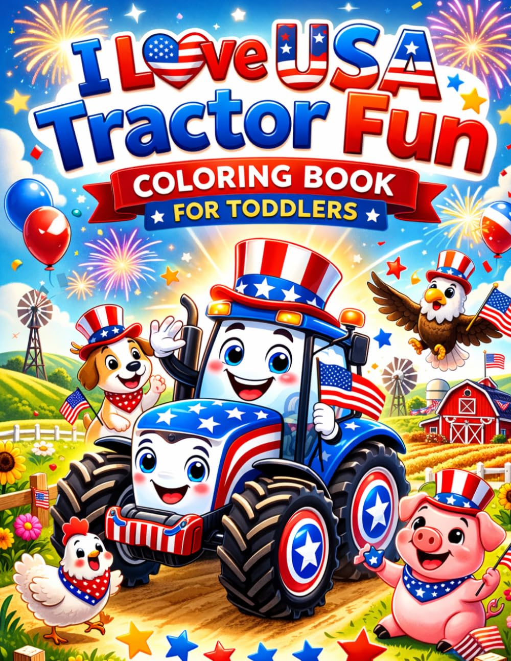 I Love USA Tractor Fun Coloring Book for Toddlers: Patriotic Tractor Adventures, Cute Farm Animals & USA 250 Celebration Pages for Boys and Girls Ages 2–5