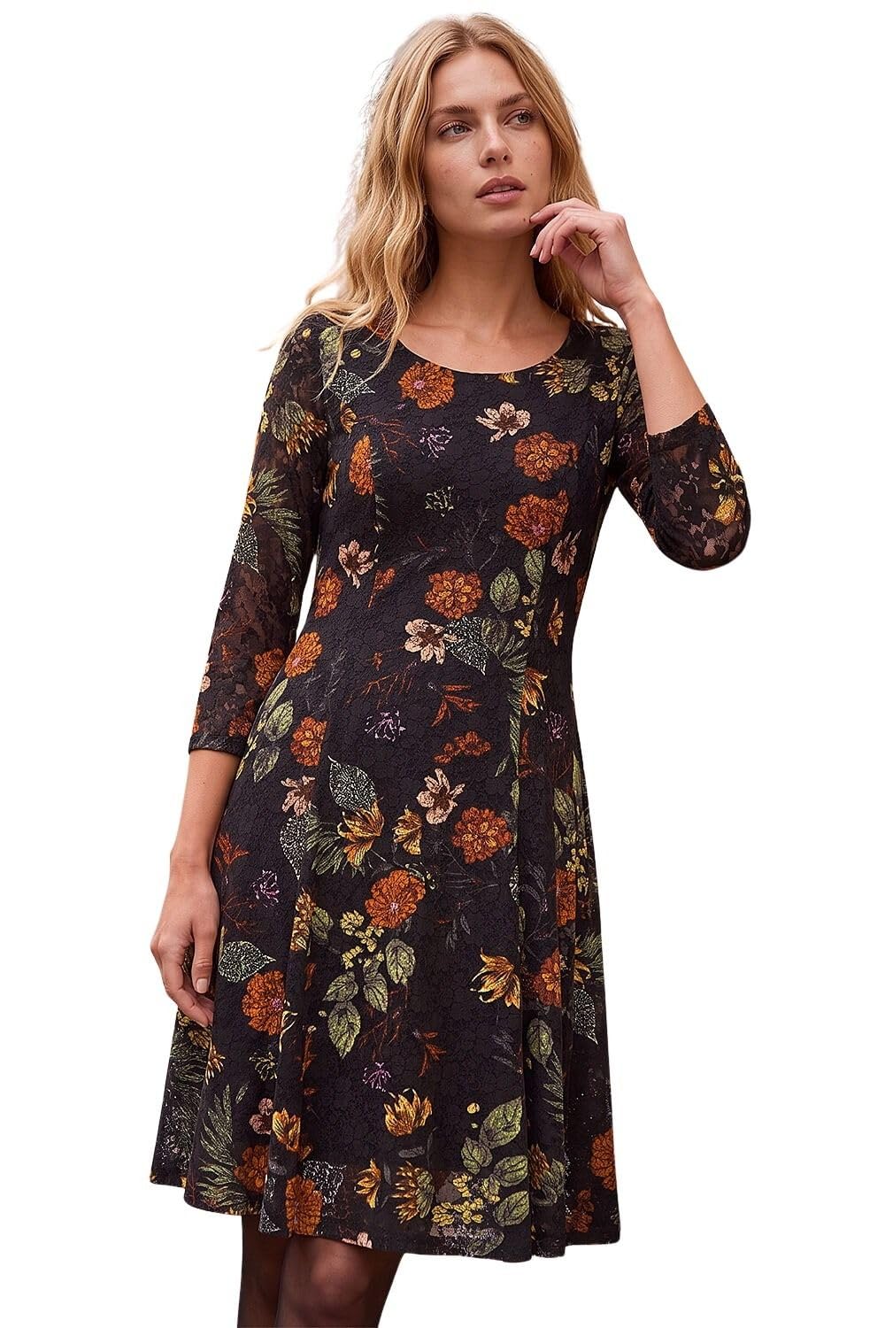 Roman Originals Floral Print Lace Stretch Dress for Women UK - Ladies Everyday Autumn Winter Round Neckline Comfy Soft Evening Vacation Work Party Night Out - Orange - Size 18