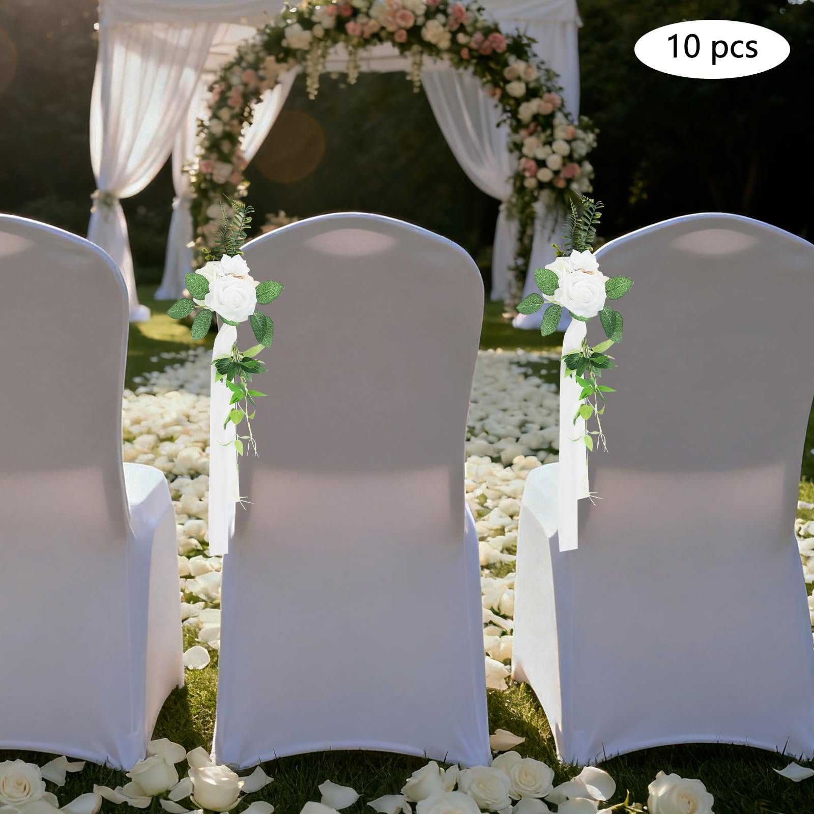 10 Stück Hochzeit Stuhl Rücken Blumen, Künstliche Stuhlschleife Stuhl Rücken Blumen, Hochzeitsstuhl-Dekoration, Stuhllehnen-Blumendeko für Hochzeiten, Bankette, Partys (Weiß)