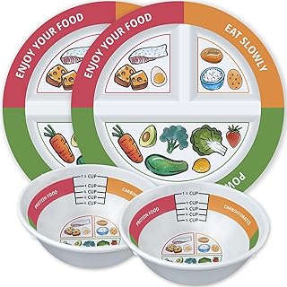 4 Pcs Portion Control Plates & Bowls Set (9 Inch), Self-Measuring for We...