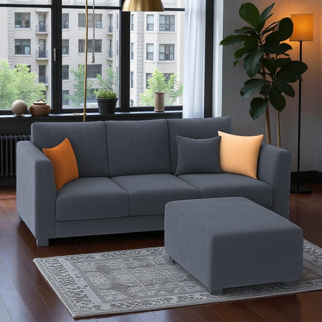 FURNY Arono 3 Seater Fabric Sofa Set with 2 Ottomans (Dark Grey) Velvet Finish | Durable & Comfortable | Ideal for Living Room FURNY Arono 3 Seater Fabric Sofa Set with 2 Ottomans (Dark Grey) Velvet Finish | Durable & Comfortable | Ideal for Living Room