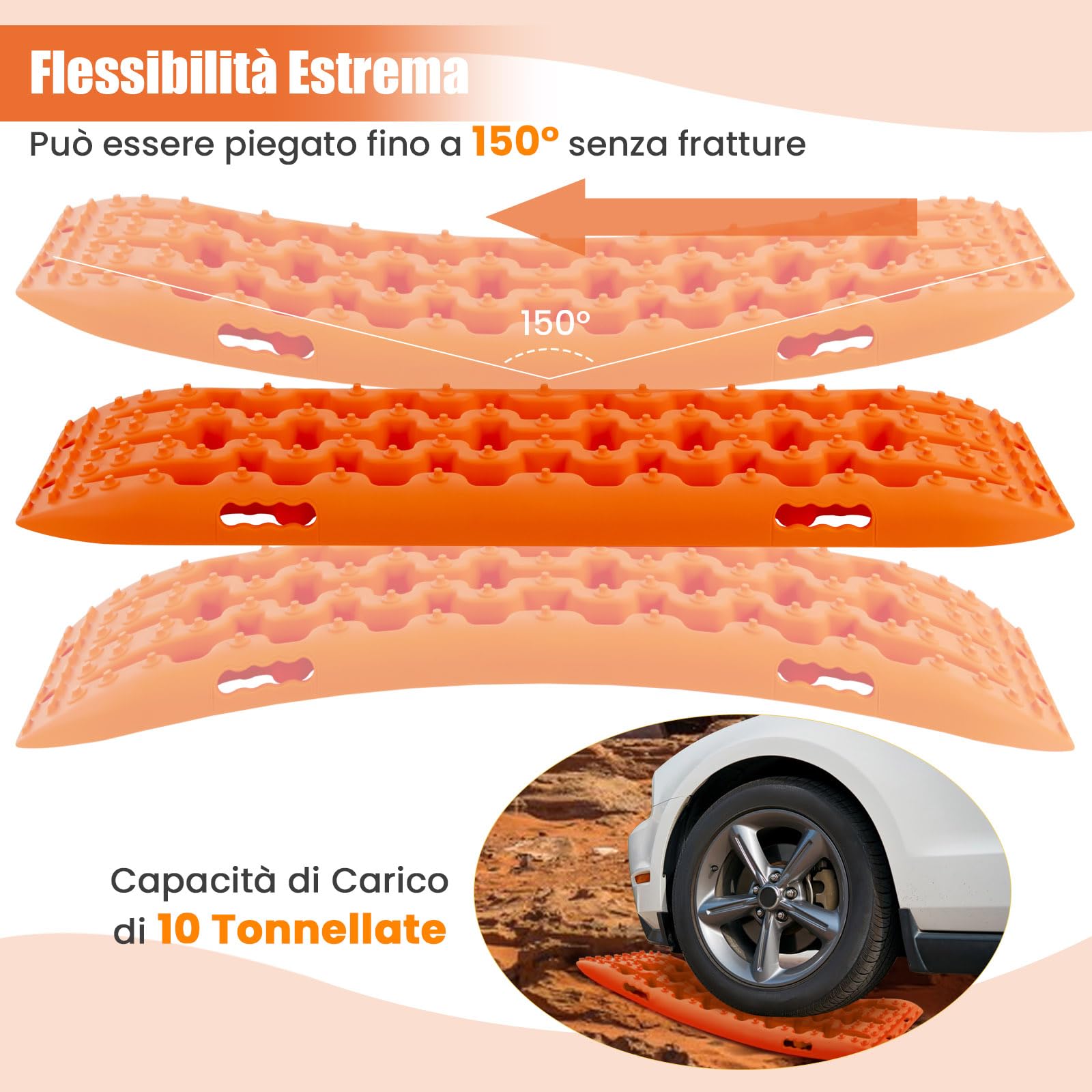 COSTWAY Tappetino di Trazione 2 Pezzi, Carico 10T, Piastre di Trazione per SUV Camper Auto Camion, Tavola di Recupero per Piste Offroad, per Sabbia, Neve, Fango (Arancione, 107 x 31 x 7 cm)