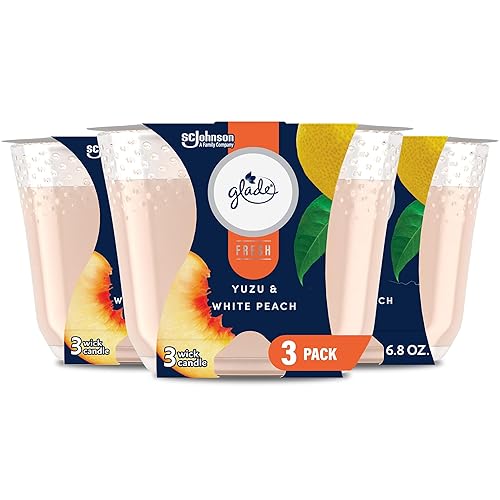 Glade Candle Yuzu & White Peach, Fresh Collection, Fragrance Candle Infused with Essential Oils, Air Freshener Candle, 3-Wick Candle, 6.8 Oz, 3 Count - Yuzu & White Peach