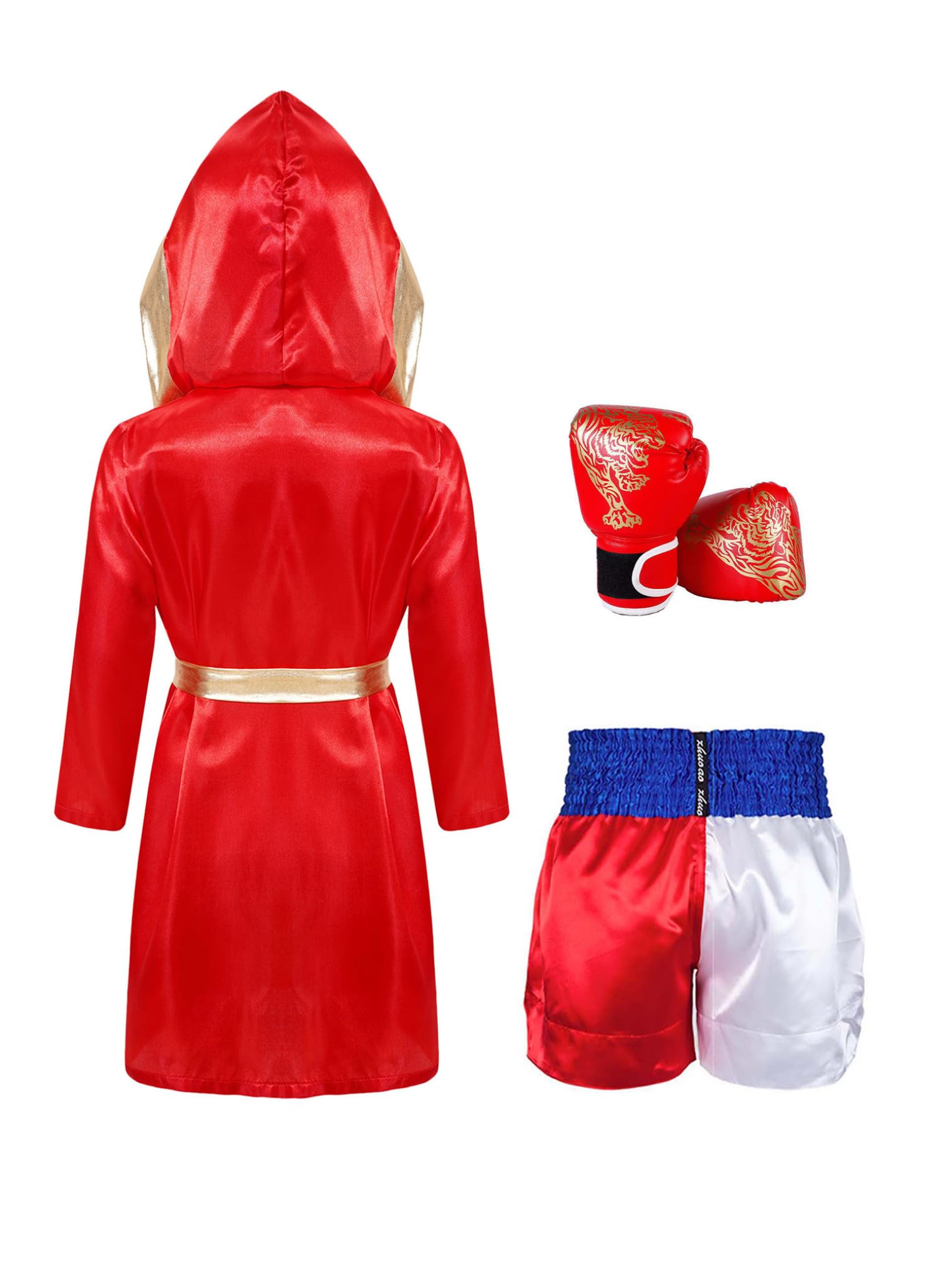 Oyolan Dziecięce spodenki bokserskie chłopięce z rękawiczkami i szlafrokiem bokserska sukienka z kapturem zestaw bojowy Muay Thai MMA kick boks