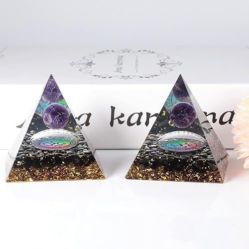Miniatura 10 de mookaitedecor Pirámide de orgón de esfera de cristal de ojo de tigre con piedras de obsidiana y generador de energía de orgonita de loto dorado para