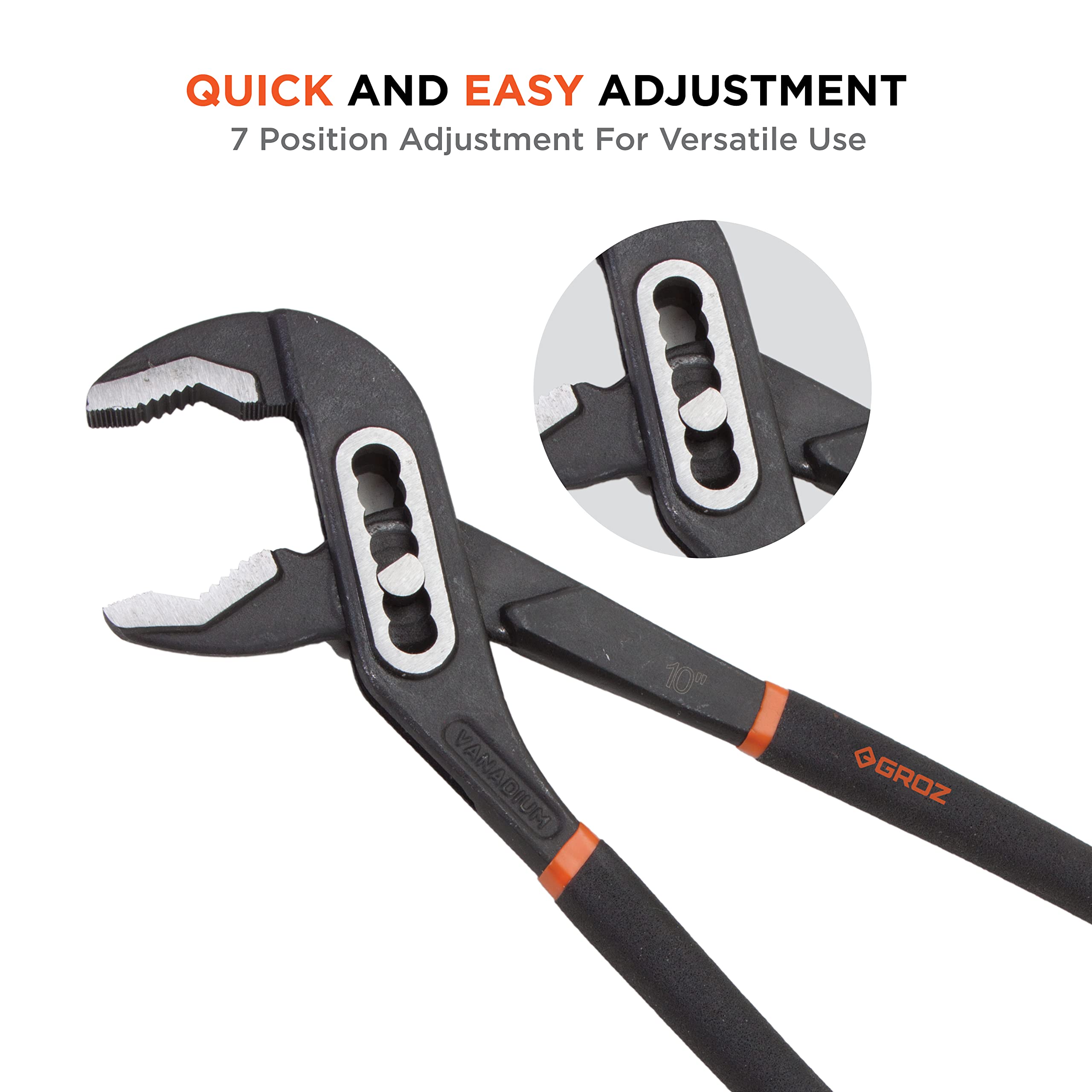 GROZ 10 inch Water Pump Plier with 7 Position Size Adjustment| Ideal for Turning & Holding Pipes, Nuts, Bolts etc.| Ergonomic Cushion Grip| Length: 10”| WPP/BJ/10/CV 1