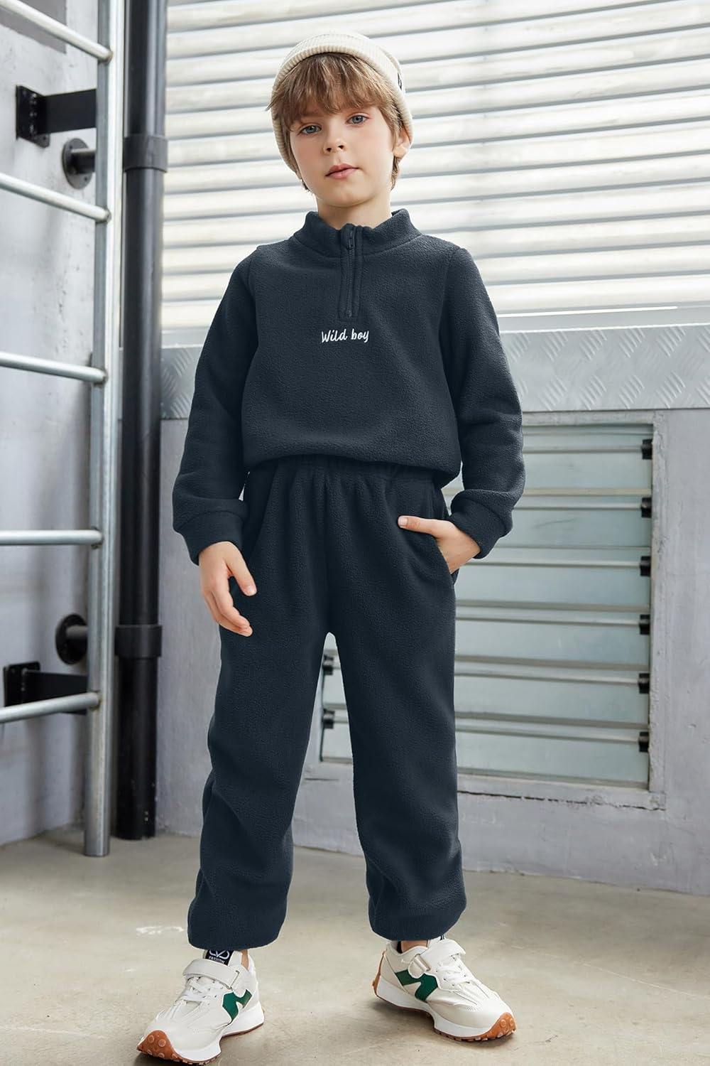 Arshiner Toddler Boys Letter Embroidery Half Zip Sweatshirt & Pants Set Fuzzy Fleece Fall Winter Outfits 2~6 Years - Image 3