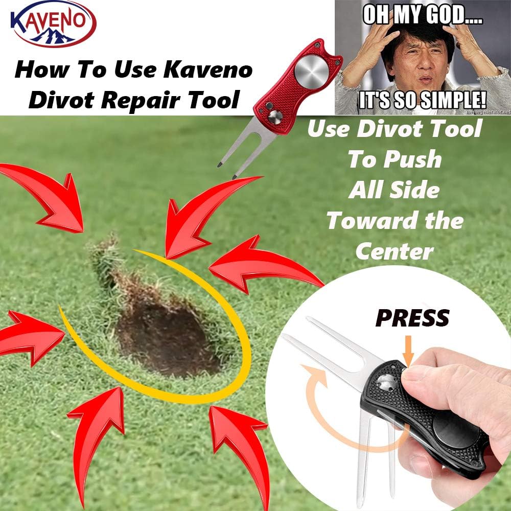 kaveno Golf Divot Repair Tool, Foldable Pop-up Button Stainless Steel Switchblade & Detachable Golf Ball Marker (Red Fish 2 Sets) : Sports & Outdoors