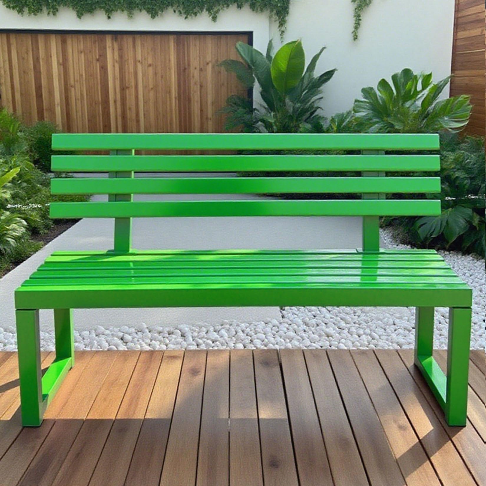Banco de jardín de hierro forjado verde con respaldo ergonómico de alta gama