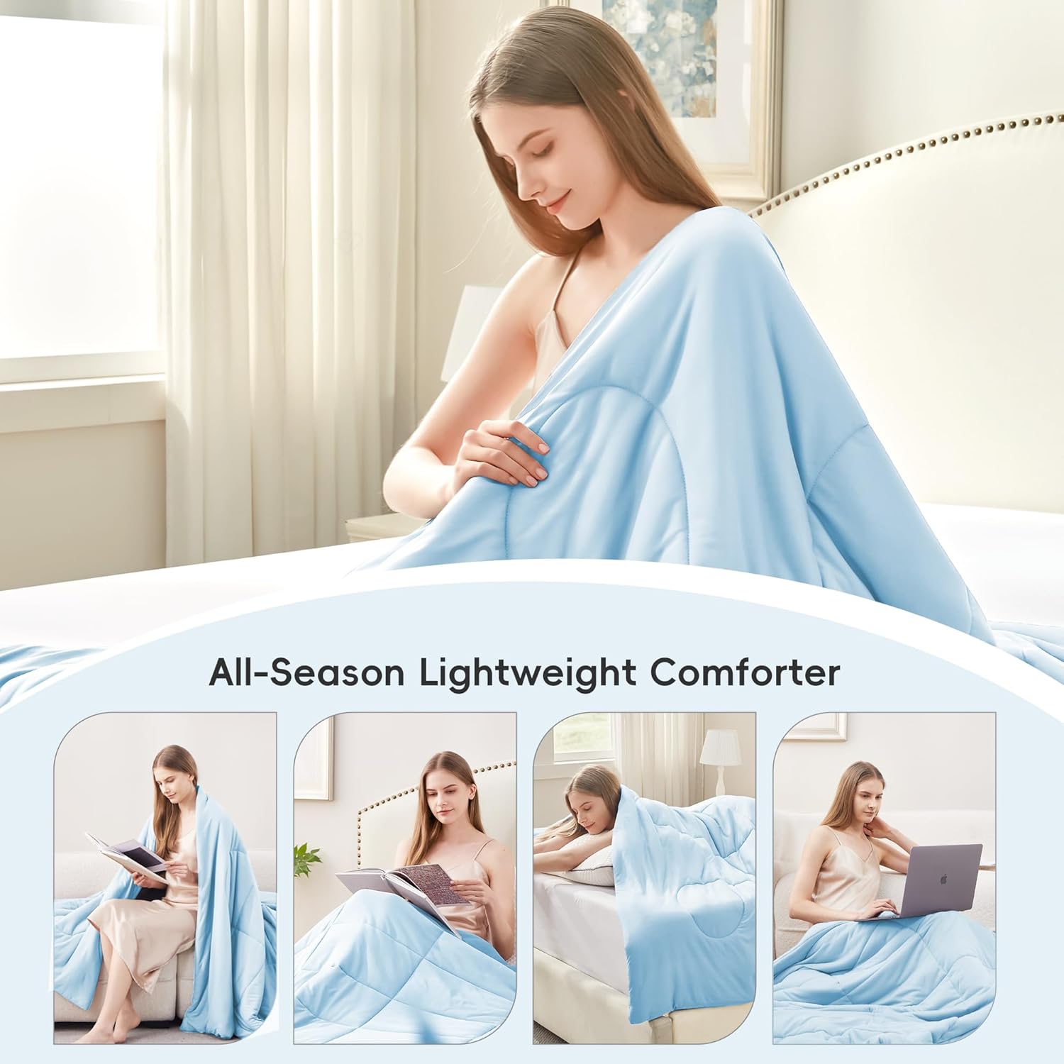 Cooling Comforter Full/Queen Size, All Season Blanket for Hot Sleepers, Lightweight Comforter for Night Sweats, Double-Sided Cooling Bedding for Bed, Sofa, Office, Camping (Blue,90"*90")