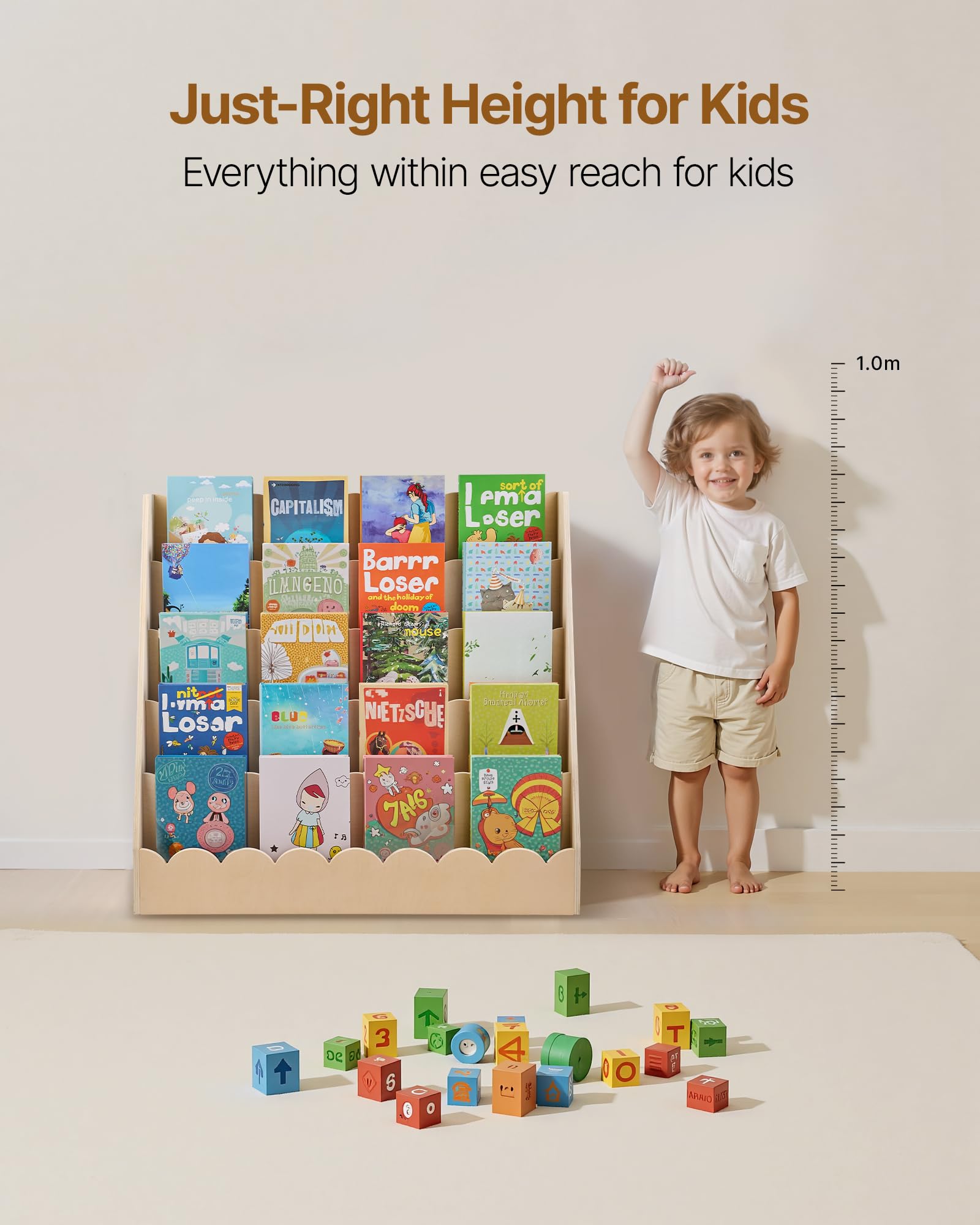 VEVOR Libreria per Bambini Frontale, Libreria per Bambini Porta Libri a 5 Ripiani con 2 Ganci 800 x 300 x 750 mm, per Cameretta dei Bambini, Soggiorno, Cameretta di Gioco