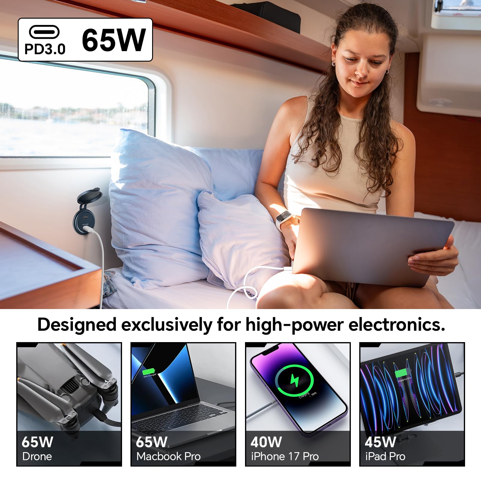 Toma USB 12V 65W PD y 20W PD, Aluminio USB C Cargador de Coche Camper, para Portátiles Autocaravana Caravana Barco Camión (2 Pcs)