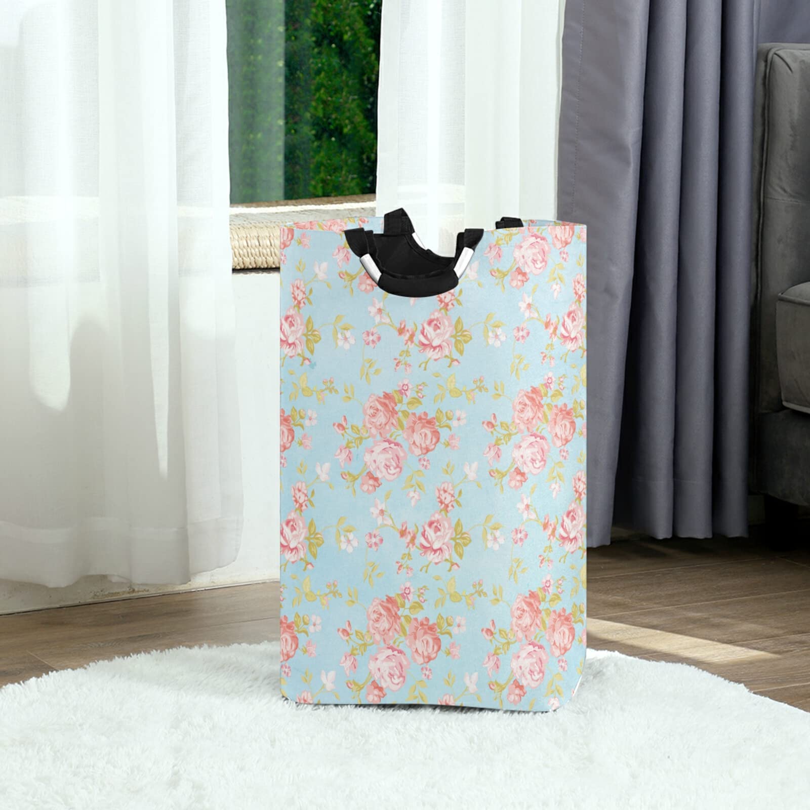Faltbarer Wäschekorb Mit Blumenmuster – 48 X 41,9 Cm, Oxford-Stoff, Mit Griffen & Stützrahmen