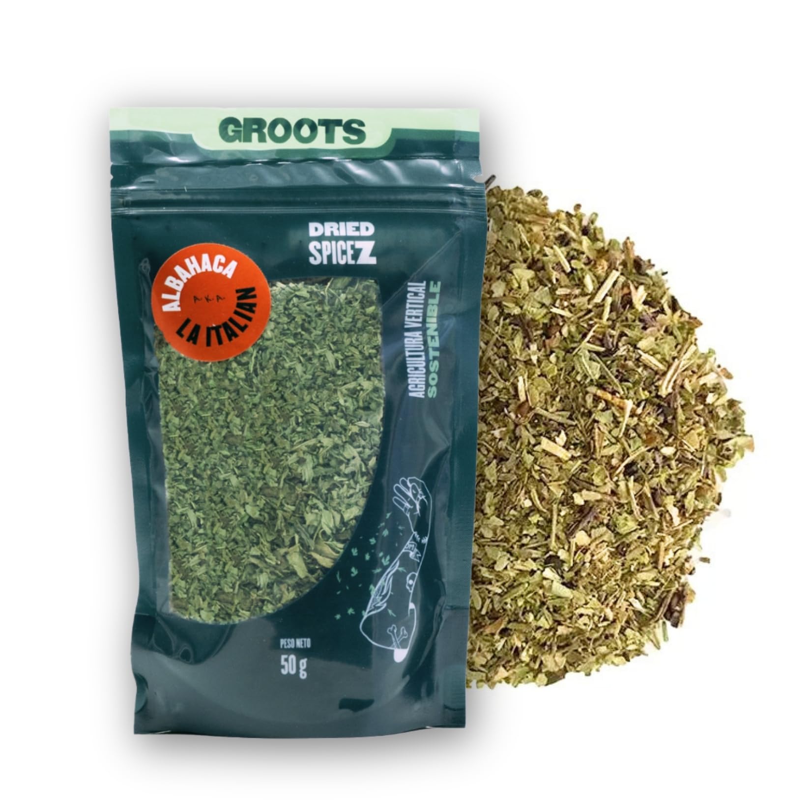 Groots SpiceZ - Albahaca Seco - 50 g - Especias para Sazonar tus Comidas - Condimento Ideal de Cocina - Hierba Aromática - Cultivo Vertical sin Tierra