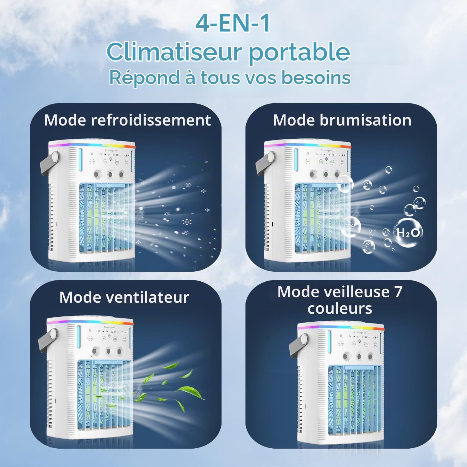 Climatiseur portable avec réservoir d'eau de 1000 ml, mini rafraîchisseur d'air, climatiseur 4-en-1 USB avec veilleuse LED 7 couleurs, idéal pour la cuisine, le bureau, la chambre et le camping