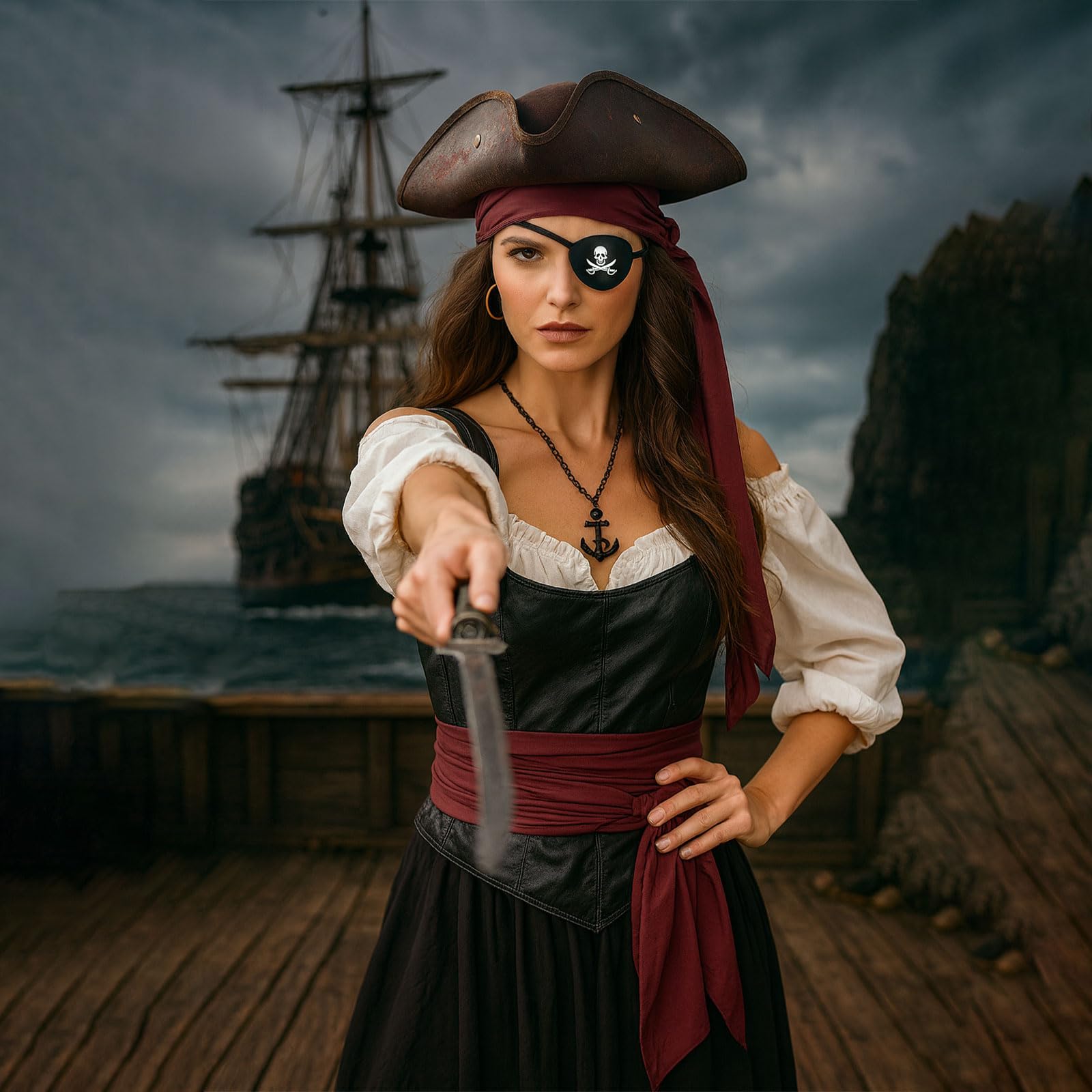 AYNKH Zestaw 6 akcesoriów pirackich dla mężczyzn i kobiet kapelusz szalik pasek naszyjnik z kotwicą kolczyki pirackie zatyczki do oczu idealne na Halloween, cosplay pirackie bale zamaskowane pokazy