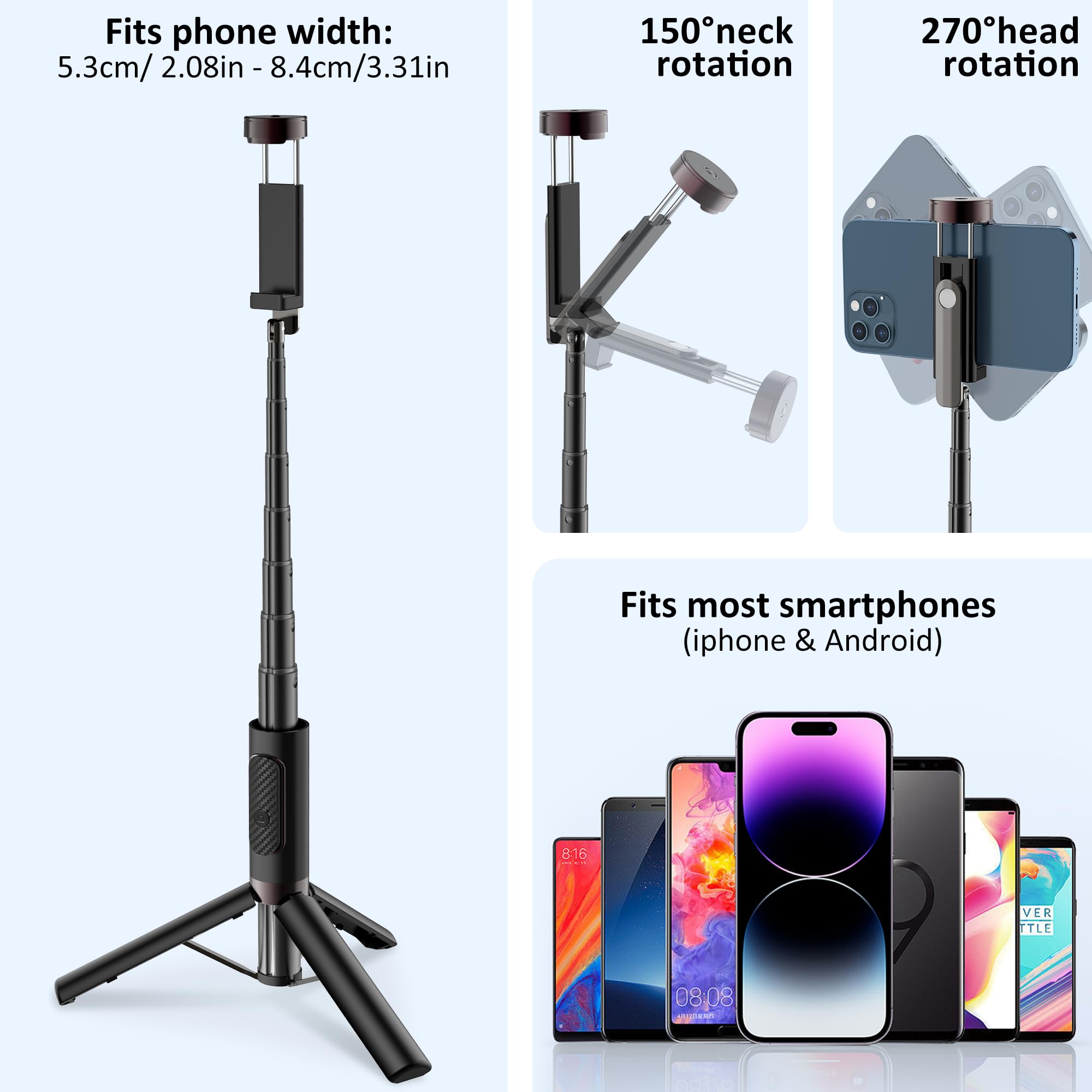 Selfie Stick Lega di Alluminio Selfie Stick Treppiede con Telecomando Pieghevole Viaggio Treppiede Stand Rotazione 270 Compatibile con iPhone/Android/Go Pro Camera