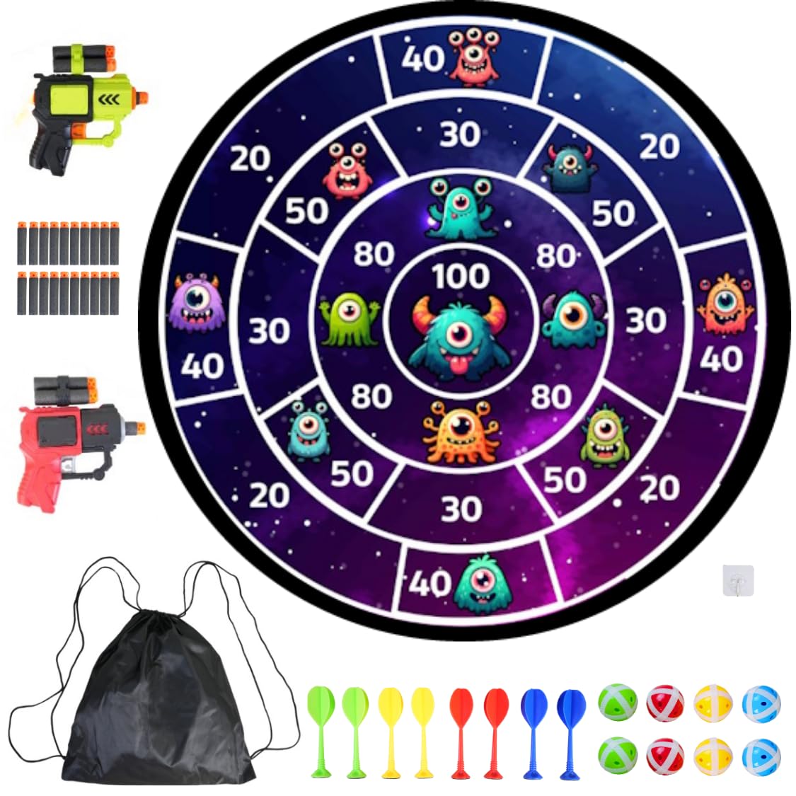 Lula Brands Dart Board for Kids w/Backpack, Shoot Sticky Darts, Balls & Darts, Large 29” Double Sided Indoor Outdoor Sport Party Game, 4 Children Boys Girls 5 6 7 8 9 10 11 12 13