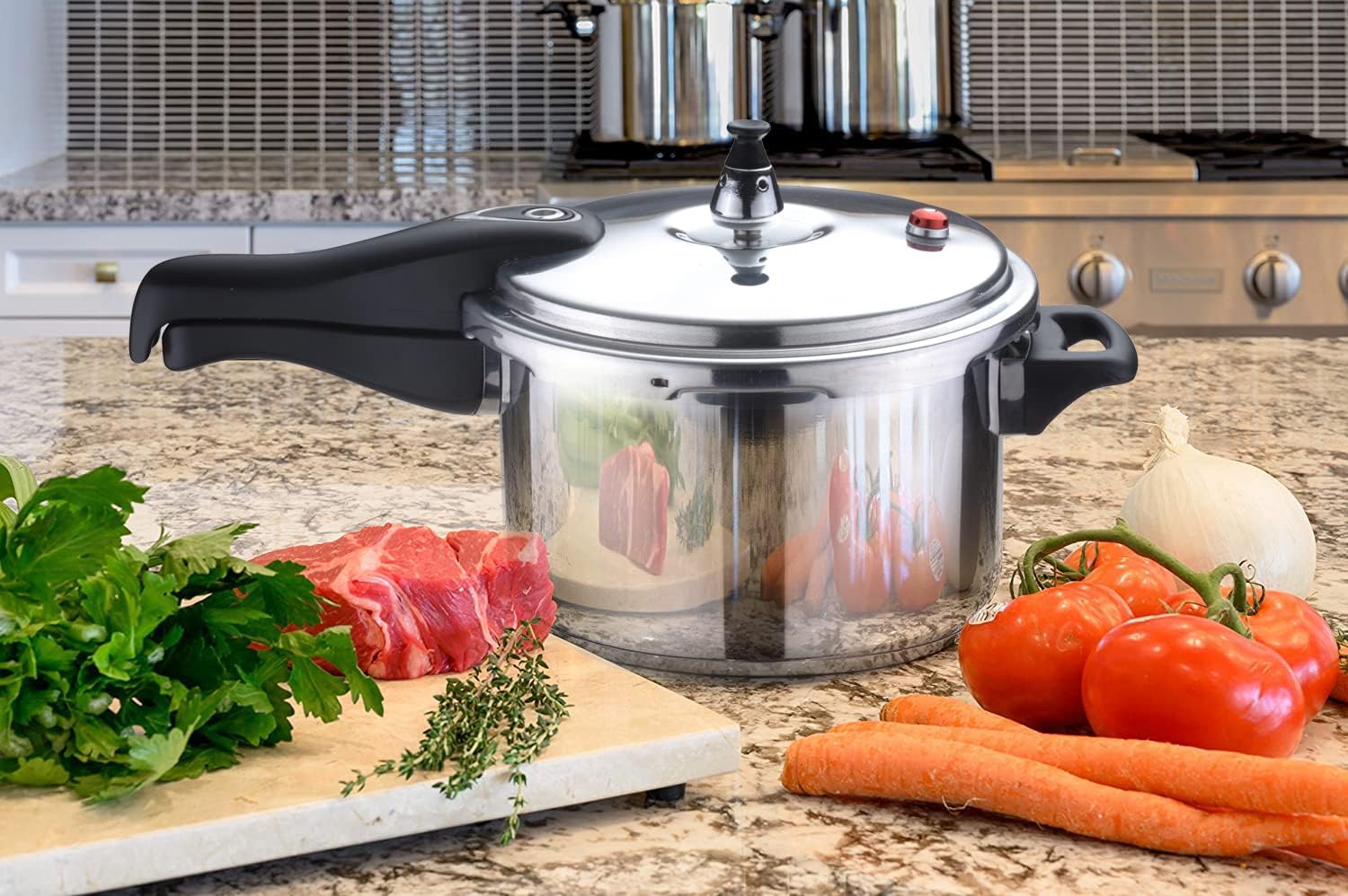 Bene Casa - Aluminum Pressure Cooker (4 Quart) - Includes Pressure Alarm and a Sure-locking Lid System - Dishwasher Safe