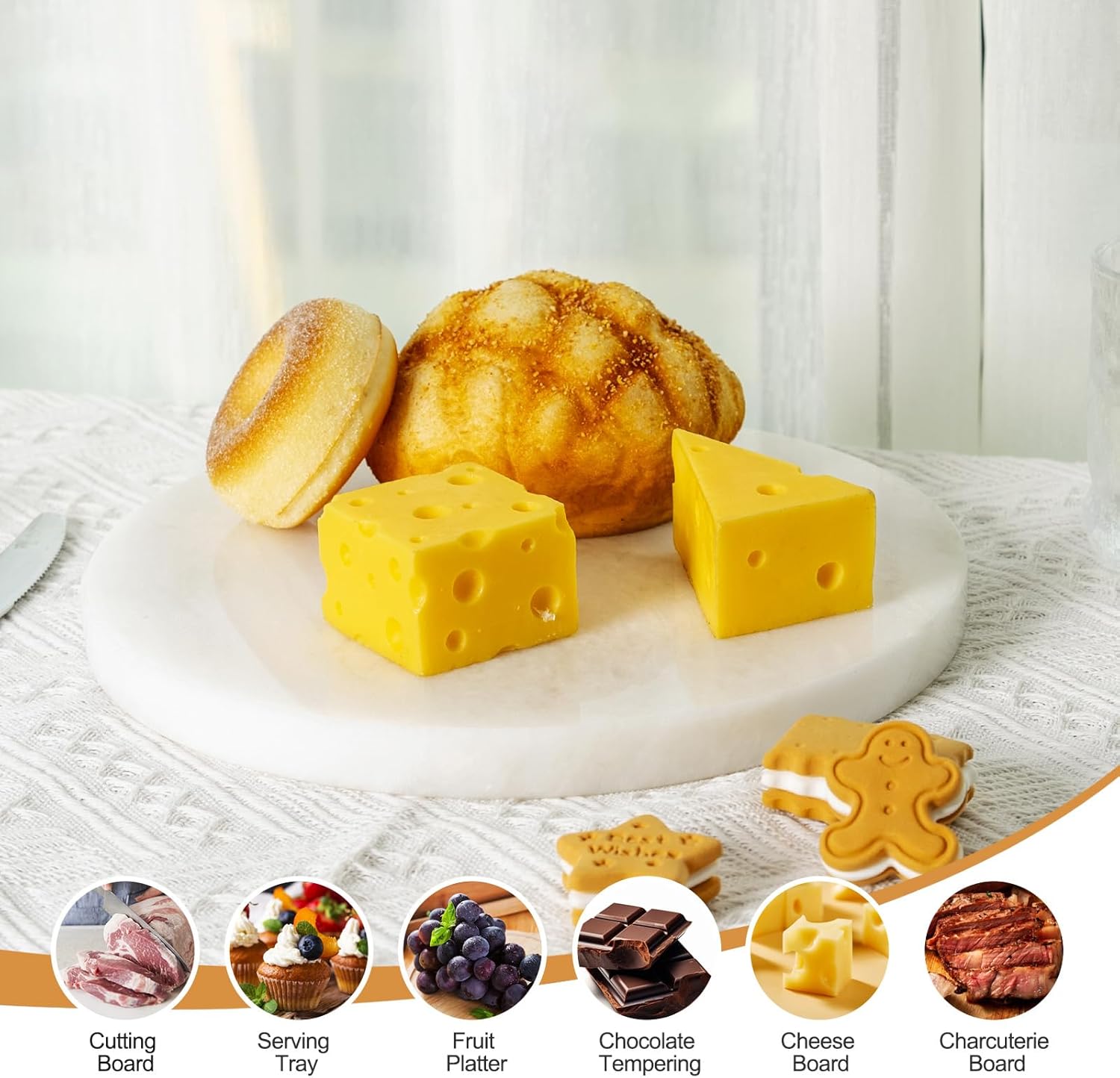 BCS Natural Round Marble Charcuterie and Cutting Boards for Kitchen, 10" Marble Cheese Pastry Board Stone Slab for baking, Pastries, Bread, Chocolate, Candy (Namib Fantasy)