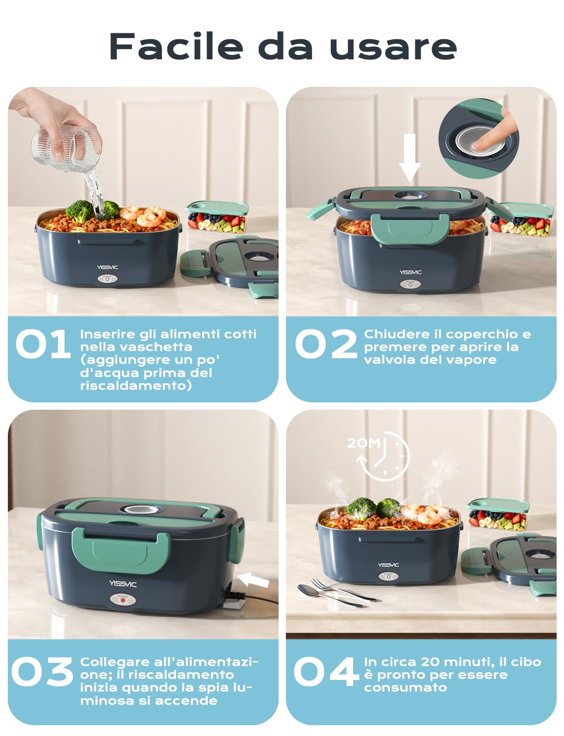 YISSVIC Scaldavivande Elettrico Portatile 1.5L con Borsa Pranzo - 4 in 1 (12V/24V/220V) 60W, Acciaio Inox, Forchetta e Cucchiaio Inclusi - Ideale per Auto, Ufficio e Viaggi