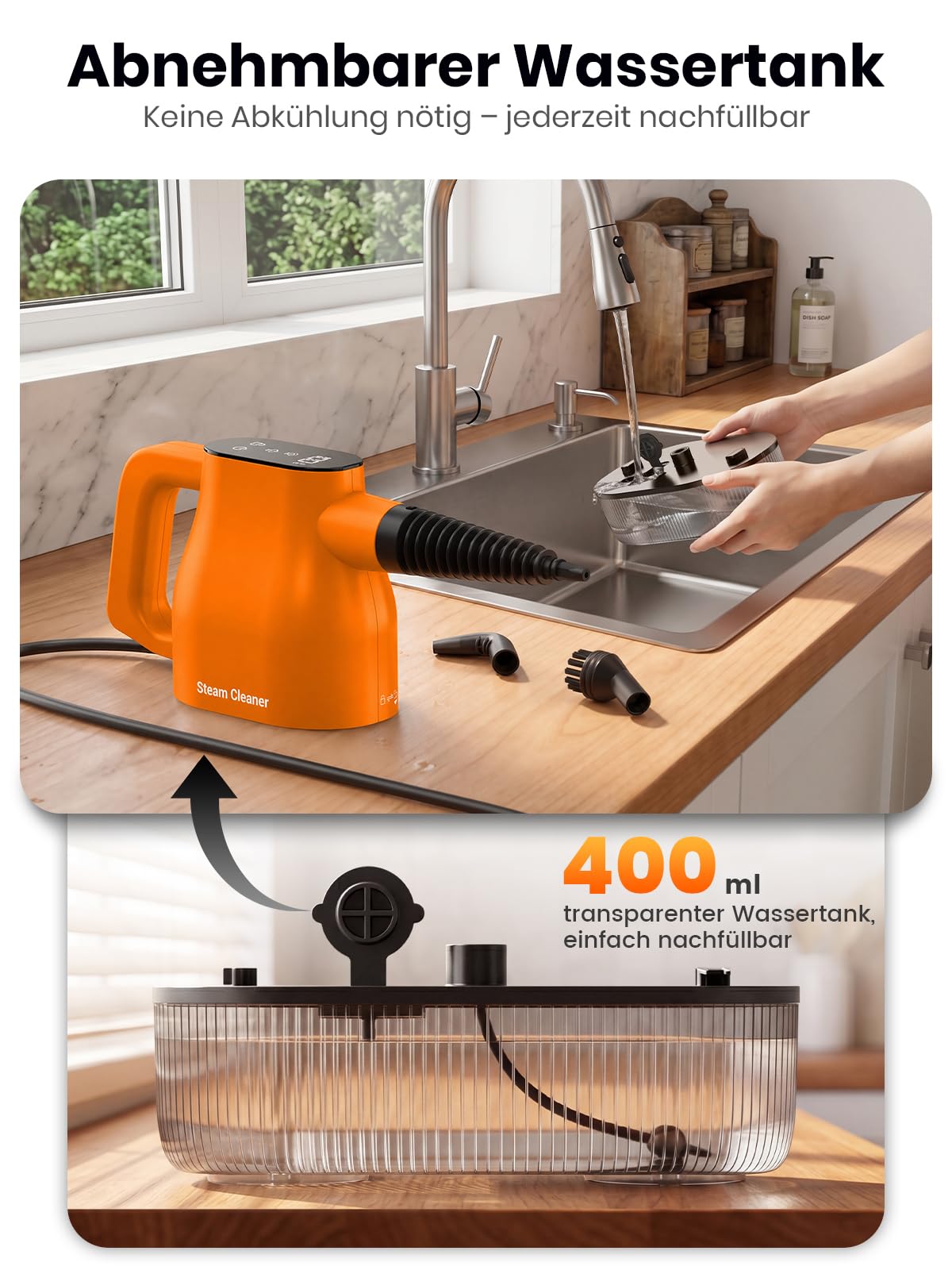 Dampfreiniger mit Smart-Touchscreen, 10 Sekunden Aufheizzeit, Orange | 400-ml-Wassertank, 4-m-Netzkabel, 2 Dampfstufen und 9-teiliges Zubehör – Dampfreiniger für Küche, Bad, Fliesen und Fugen