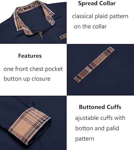 Miniatura 5 de COOFANDY Camisa de vestir de manga larga para hombre, cuello a cuadros, camisas casuales con botones