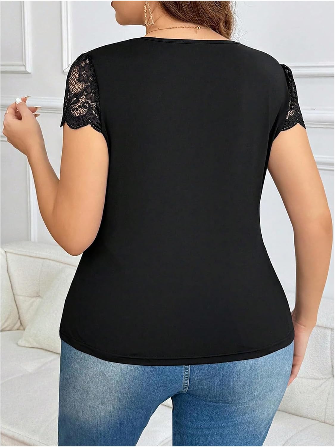 MakeMeChic Women's Plus Size Floral Lace T Shirts Elegant Sweetheart Cap Sleeve Scallop Tops - Image 3