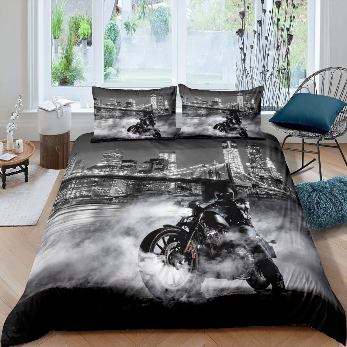 Dirt Bike Duvet Cover Single Size For Kids Teens, Motocross Rider Extreme Sport Comforter Cover, City Building Bedding Set For Boys Adult Men Room Decor, Motorbike Sport Bedspread Cover, Grey