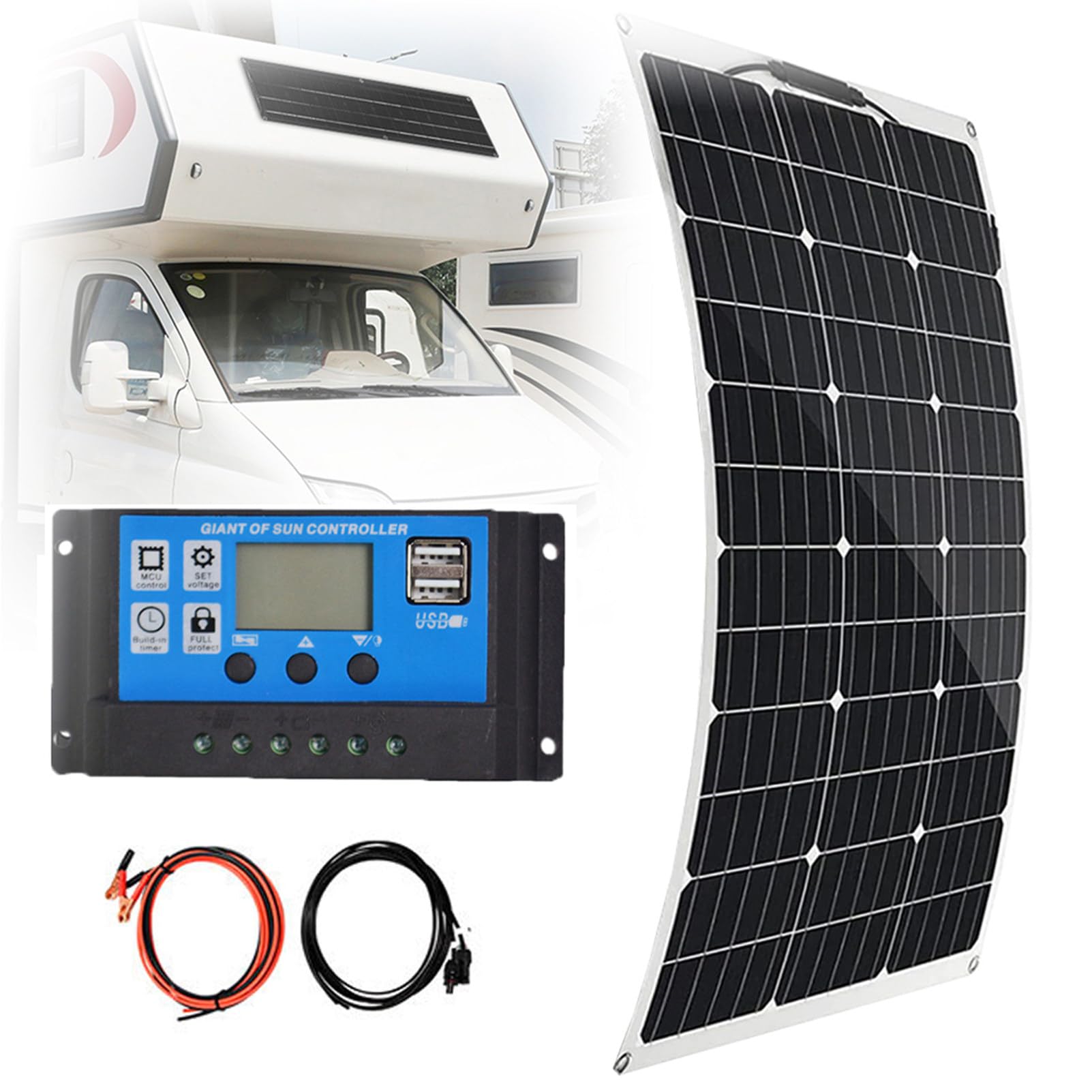 300W 12V Panel Solar Flexible 18V Placa Solar Monocristalino 40A Controlador de Cargador Módulo Fotovoltaico para Caravana Autocaravana Furgonetas Barco Yate Carga de Baterías 1 * 300W