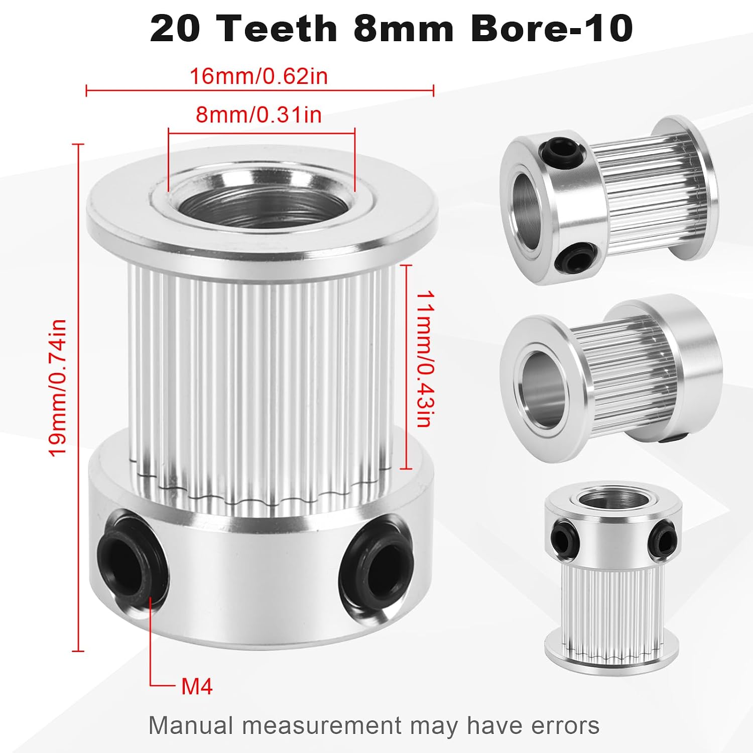 12-Pack GT2 Timing Belt Pulley 20 Teeth, 8mm bore, Aluminum synchronous Pulley in Silver, Suitable for 10mm Belts, 3D Printers, Automation，Precision Machinery (10mm Belt-12pcs, 20T-8mm Bore)
