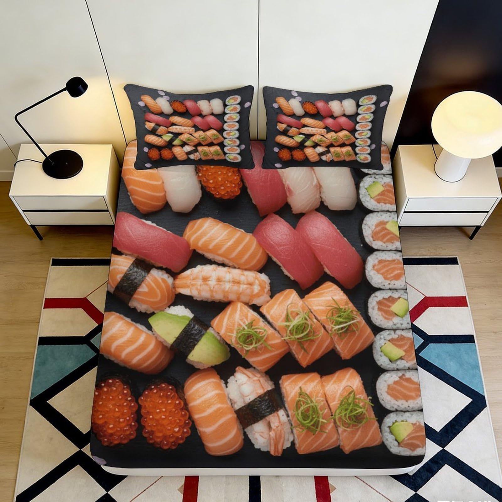 3D Printed Sushi Nigiri Fitted Sheet Microfiber Soft Breathable Sushi Roll Bed Sheet for Bedroom Dorm Decor Mattress Protection 90x200x25cm