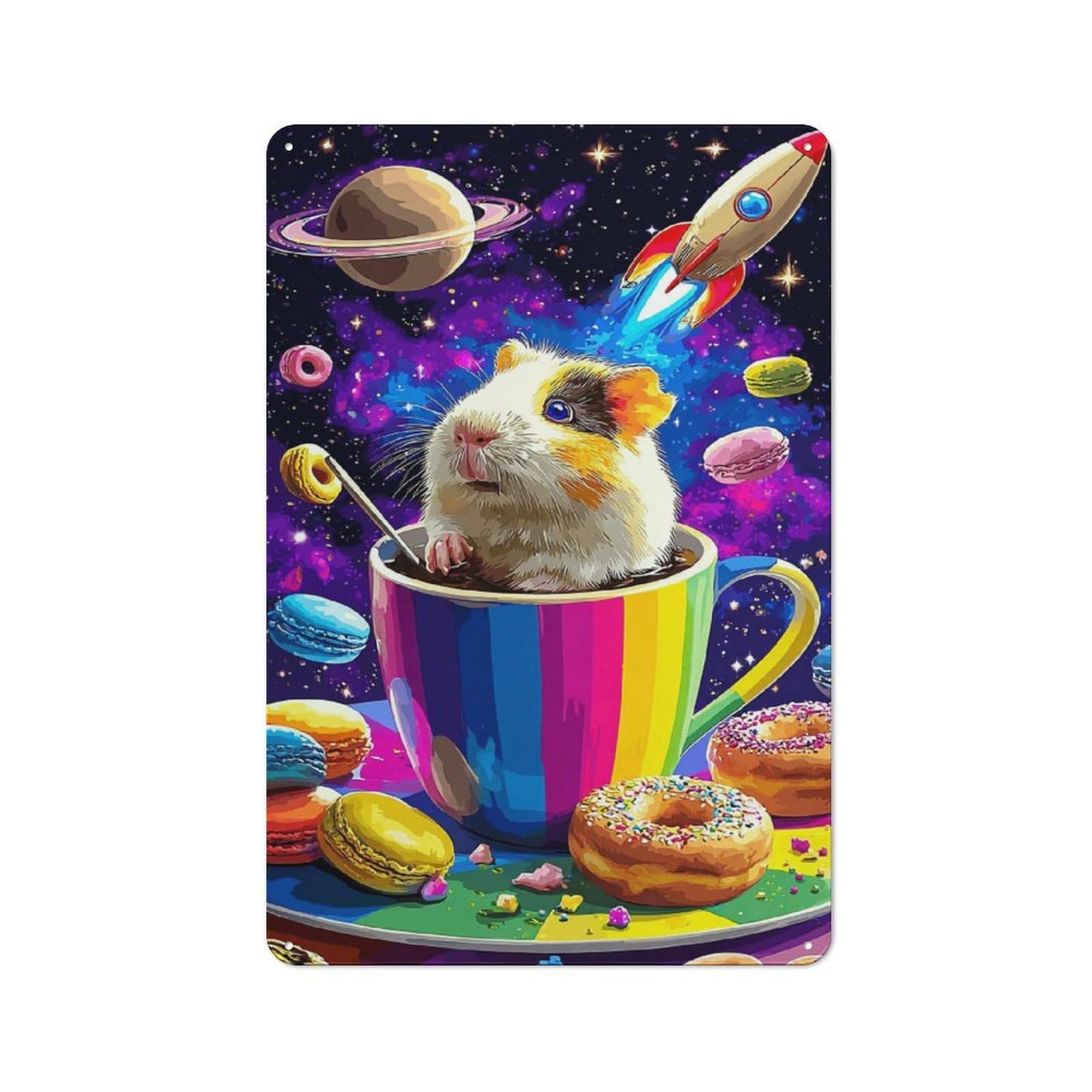 Junmoney Hamster In Rainbow Cup Cosmic Treats Tin Wall Plaque 30X20cm With For Home Bar Wall, A Decorative Christmas Gift For Hosts Who Enjoy Retro Interiors