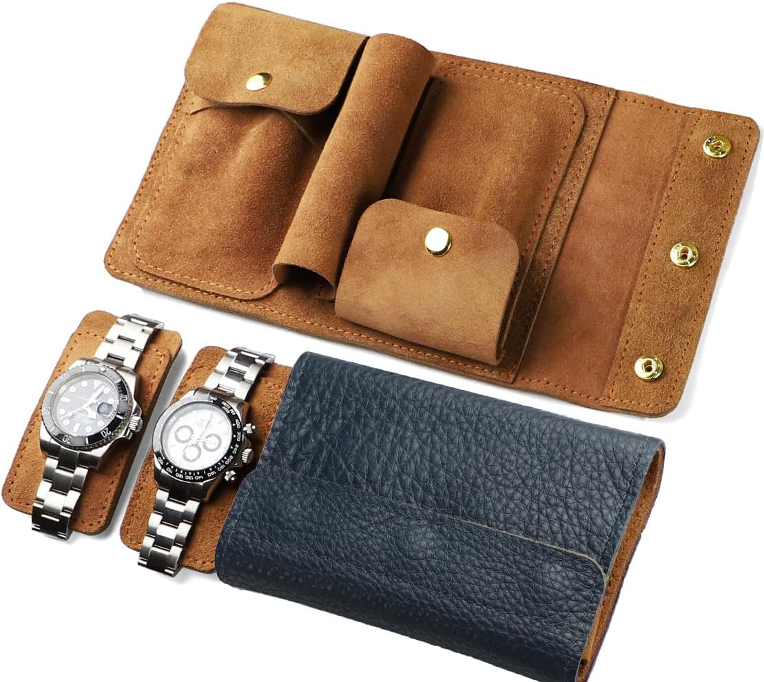 2 Slots Portable Travel Watch Box Full Leather Double Watch Case Pouch Watch Holder Organizer Storage Jewelry Wristwatch Roll Secure Storage Durable Easy Carry On Brown