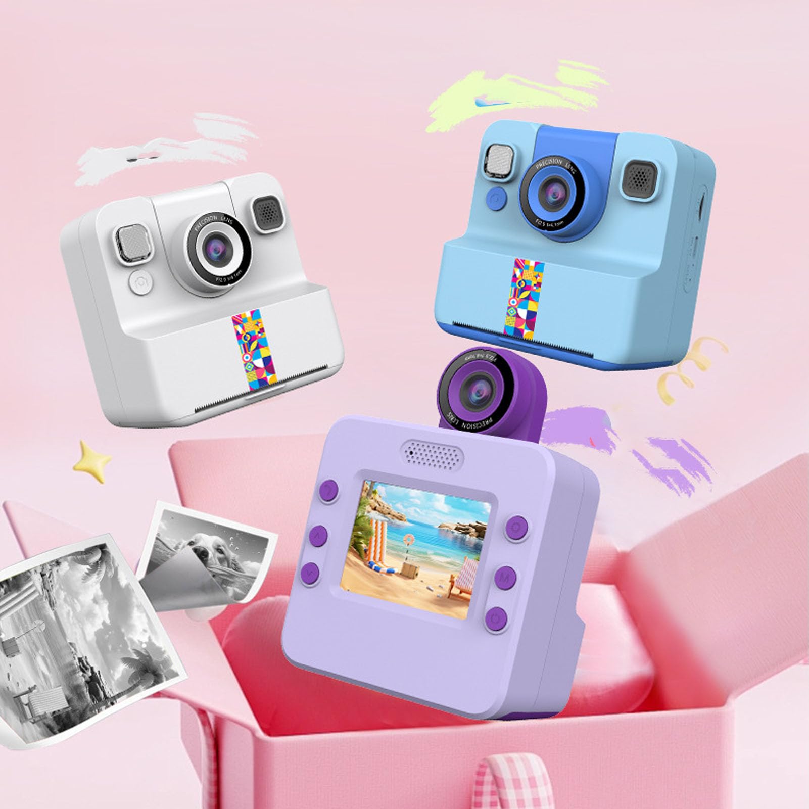 Lazmin112 Aparat Fotograficzny z Natychmiastowym Wydrukiem, 2,4 Cala, 24Mp, 1080p, Selfie, Obracany o 180° Aparat, Wbudowane Zabawne Ramki i Filtry, 1Gb, Dla Studentów, Twórców (WHITE)