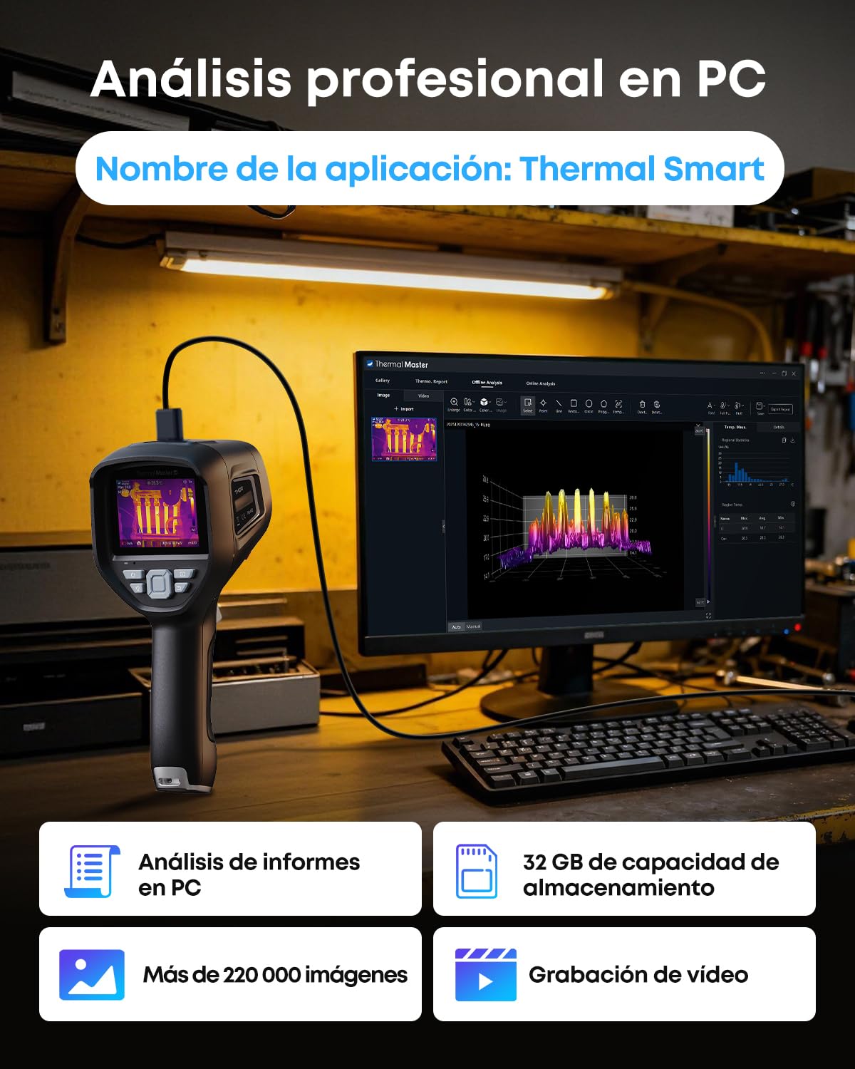 Thor 001 Cámara Térmica Profesional, Resolución X³ 512x384, Pantalla IPS 3,5", -20°C a 550°C, Lente Macro, WLAN, Análisis PC, IP54 para Electricidad y HVAC