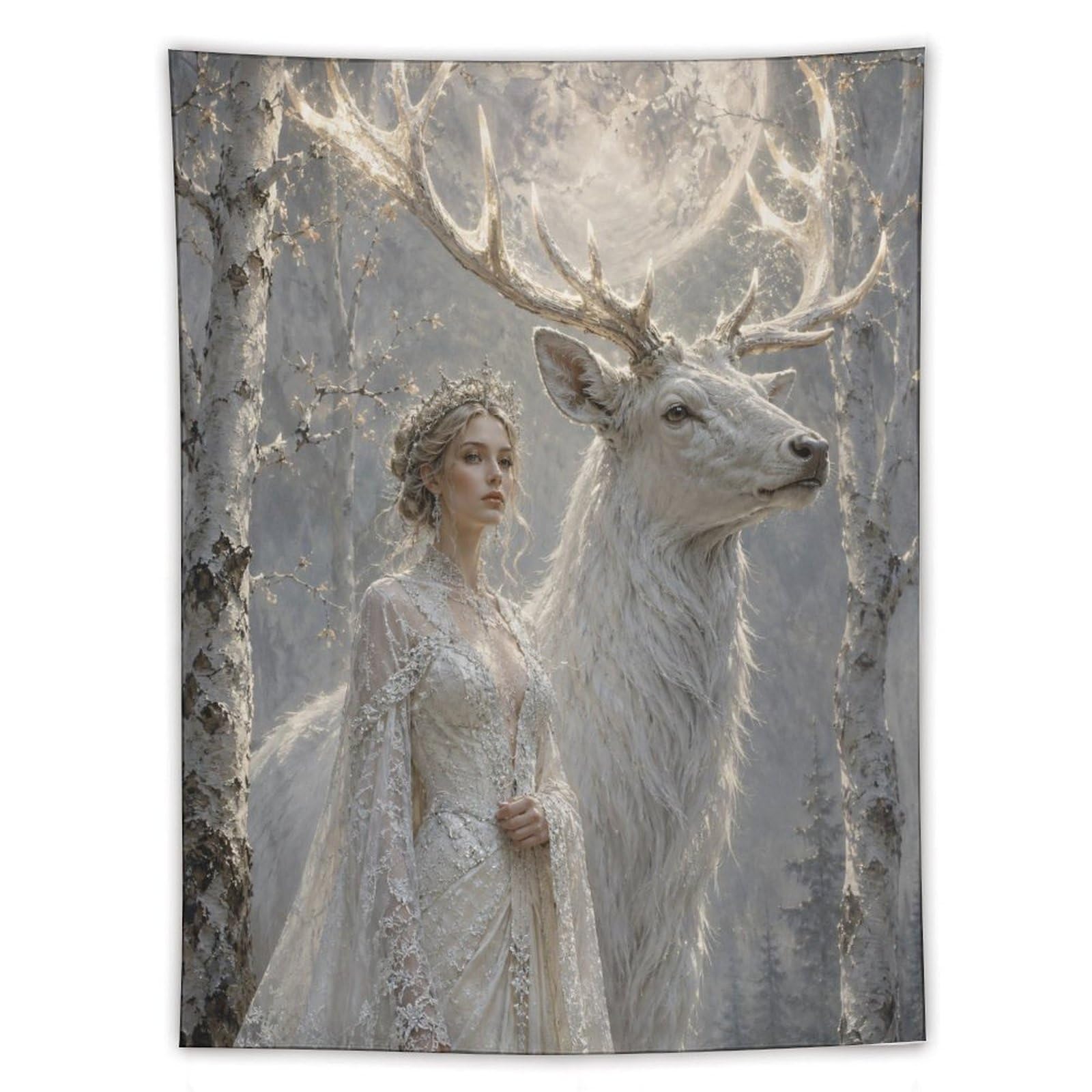 H3B8U2Y5 White Deer Woman Wall Tapestry, Surrealist Style, Mythic Fantasy