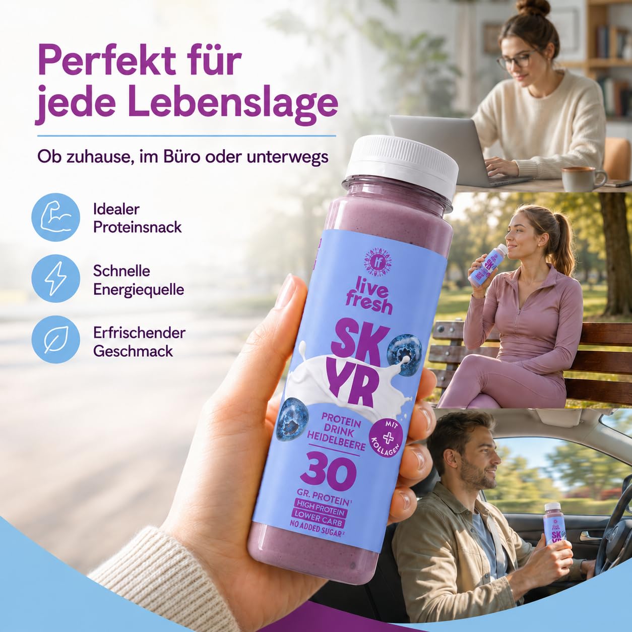 LiveFresh Skyr Drink Probierpaket 30g Protein Kollagen Kalorienarm Ohne Zuckerzusatz 24x250ml