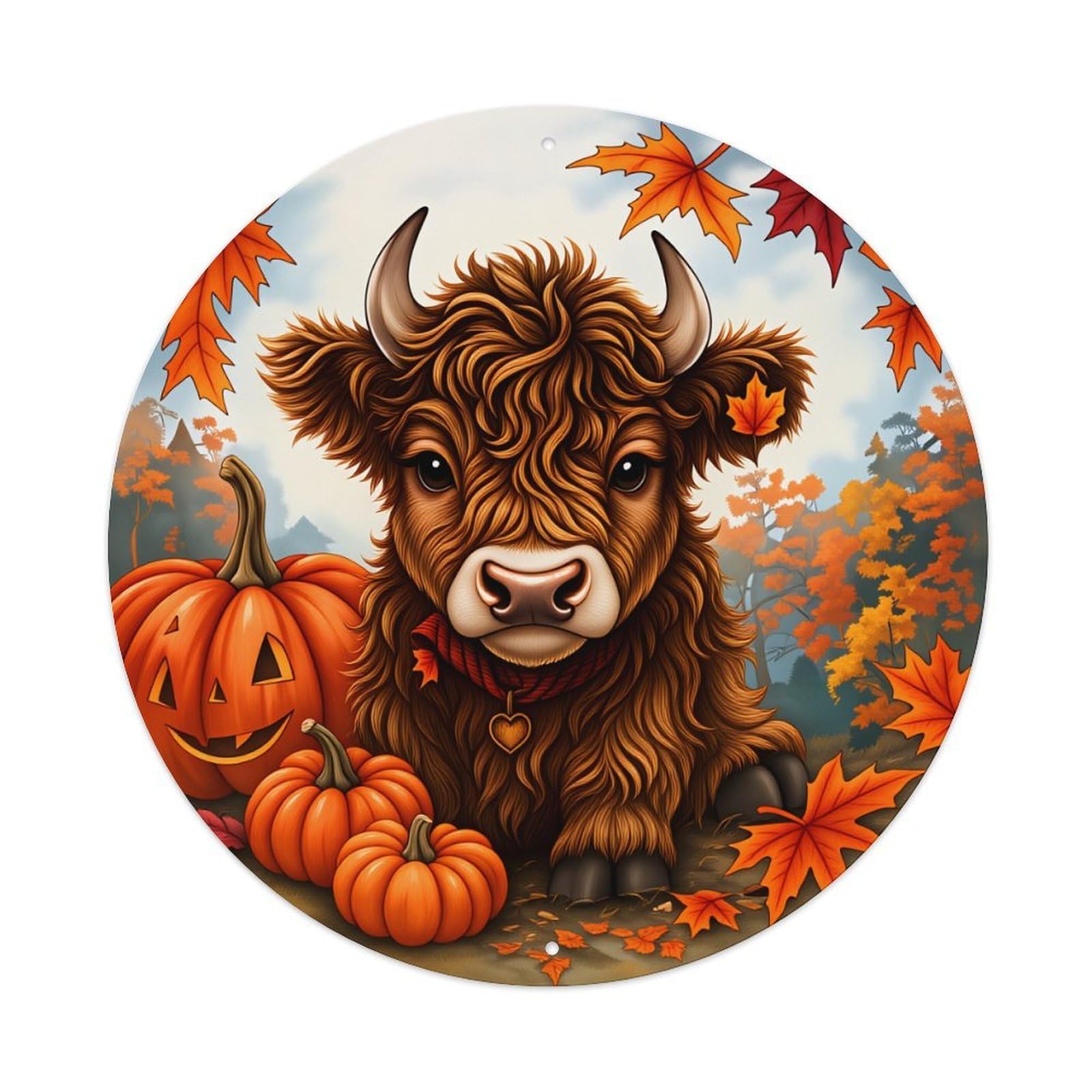 Autumn Bull Pumpkin Leaves Forest Scene Metal Tin Sign Plaque