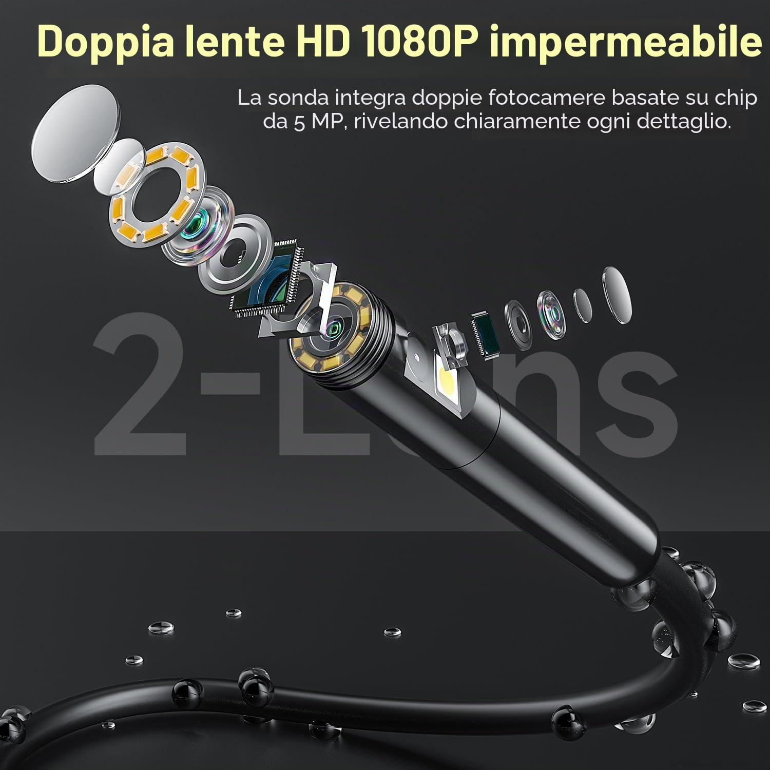 Endoscopio a Doppia Lente, Zealtron Endoscopio Industrial con Schermo Grande da 5” IPS, Telecamera endoscopica con 8+1 LED Regolabili 7,9 mm IP67 Sonda Impermeabile Cavo Semirigido-5M